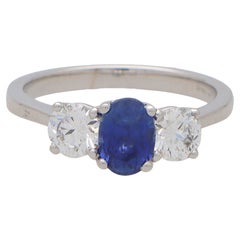 Certified Sapphire and Diamond Three Stone Ring Set in 18k White Gold