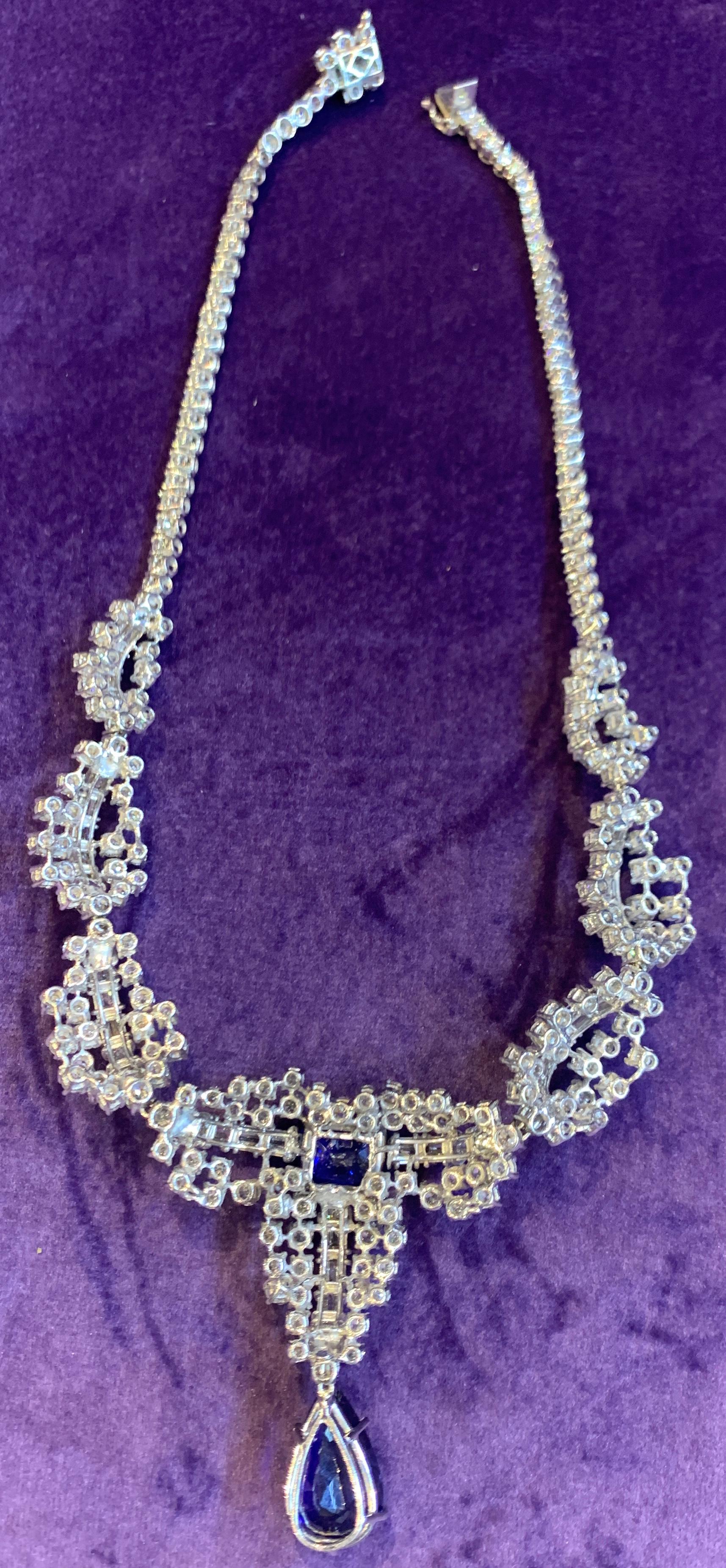 Certified Sapphire and Diamond Drop Necklace In Excellent Condition For Sale In New York, NY