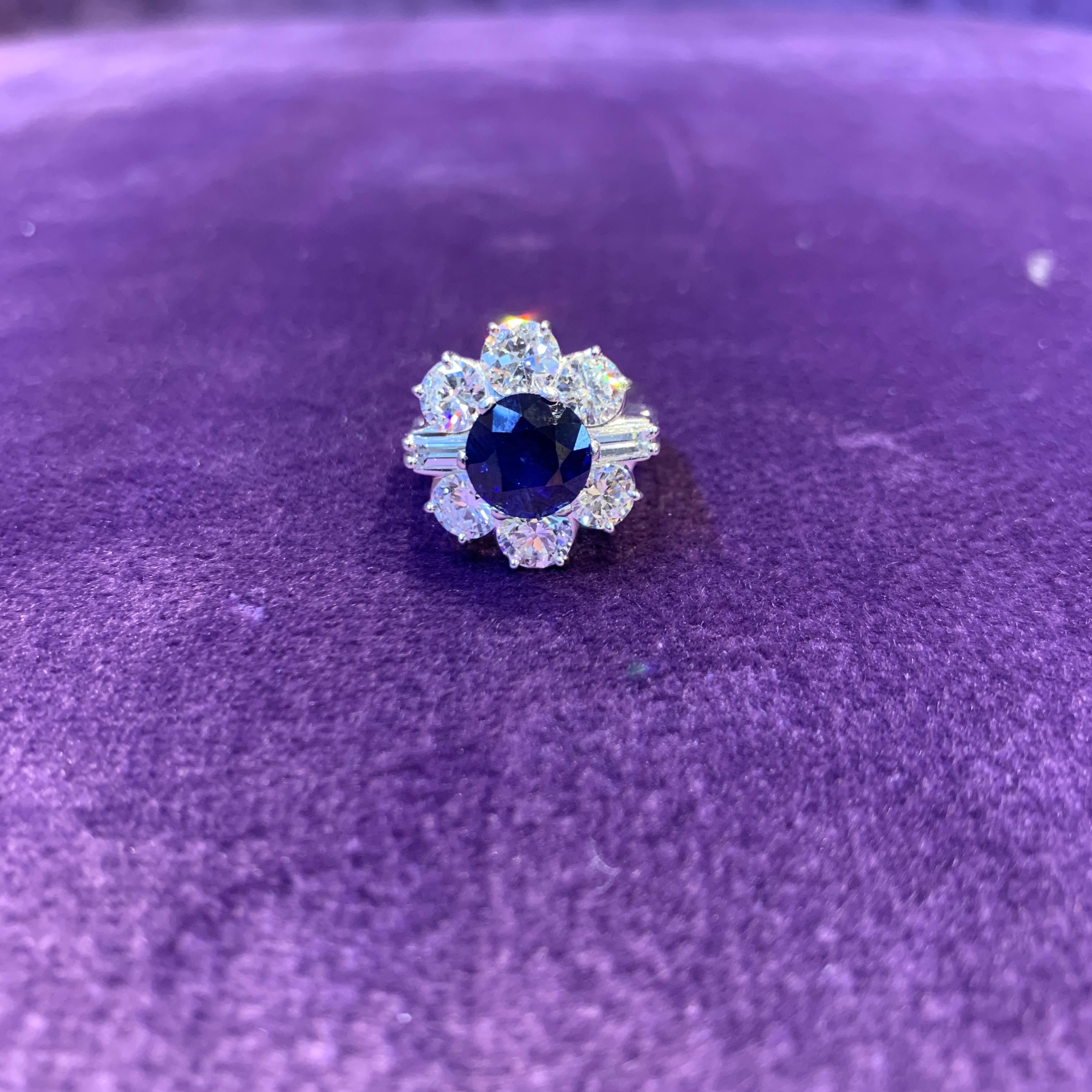 Women's Certified Sapphire & Diamond Flower Ring For Sale