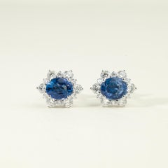Certified Sapphire Diamond Halo Oval Cut Stud Earrings for her, 18k white gold