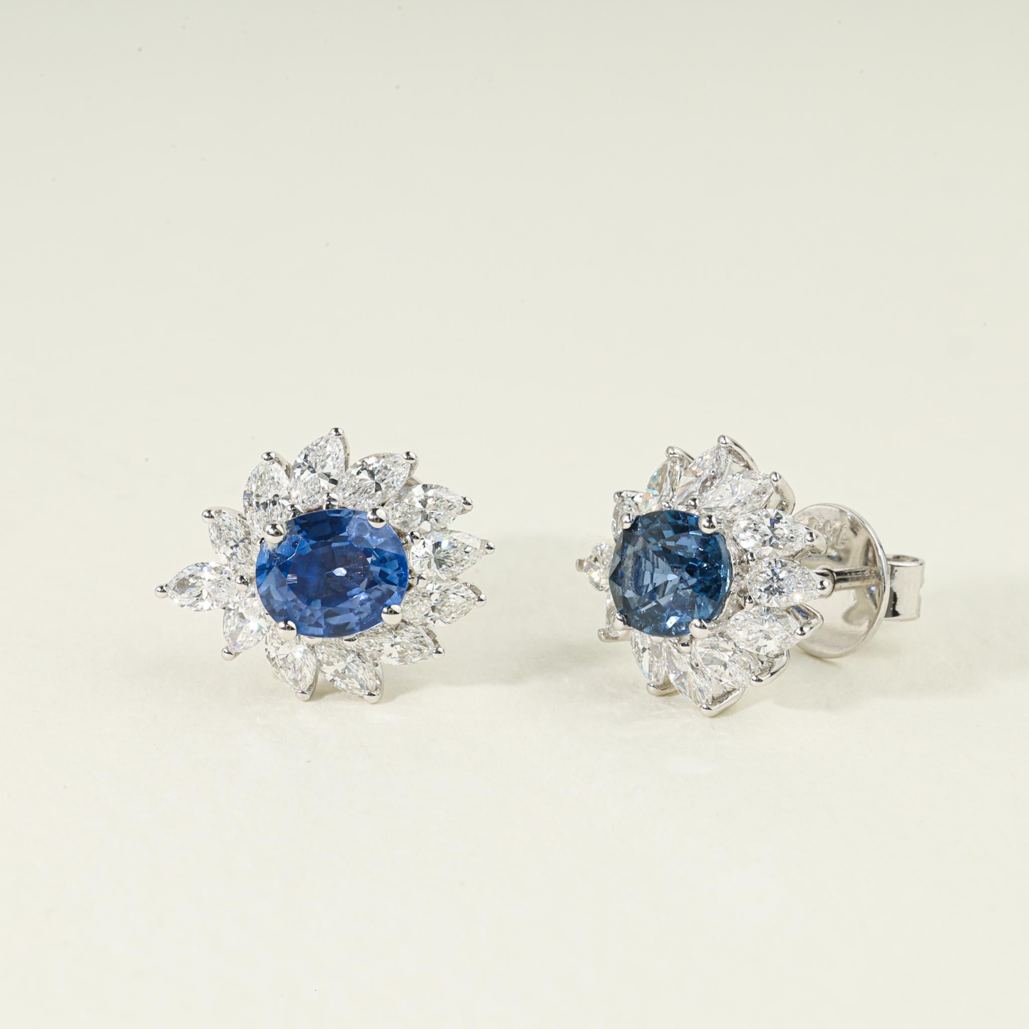 Art Deco Certified Sapphire Diamond Halo Oval Cut Stud Earrings for her, 18k white gold For Sale
