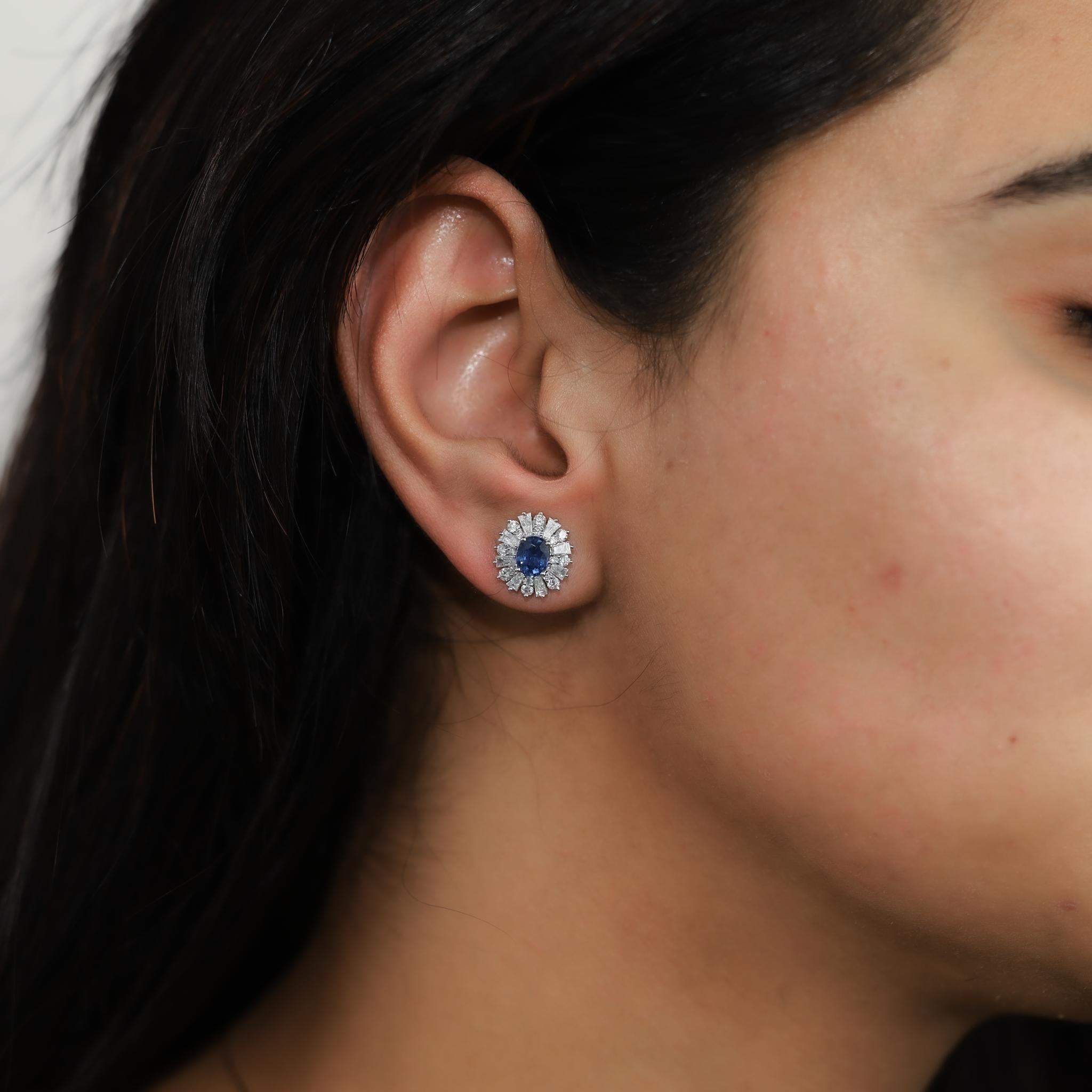 Women's Certified Sapphire Diamond Halo Oval Cut Stud Earrings for her, 18k white gold For Sale