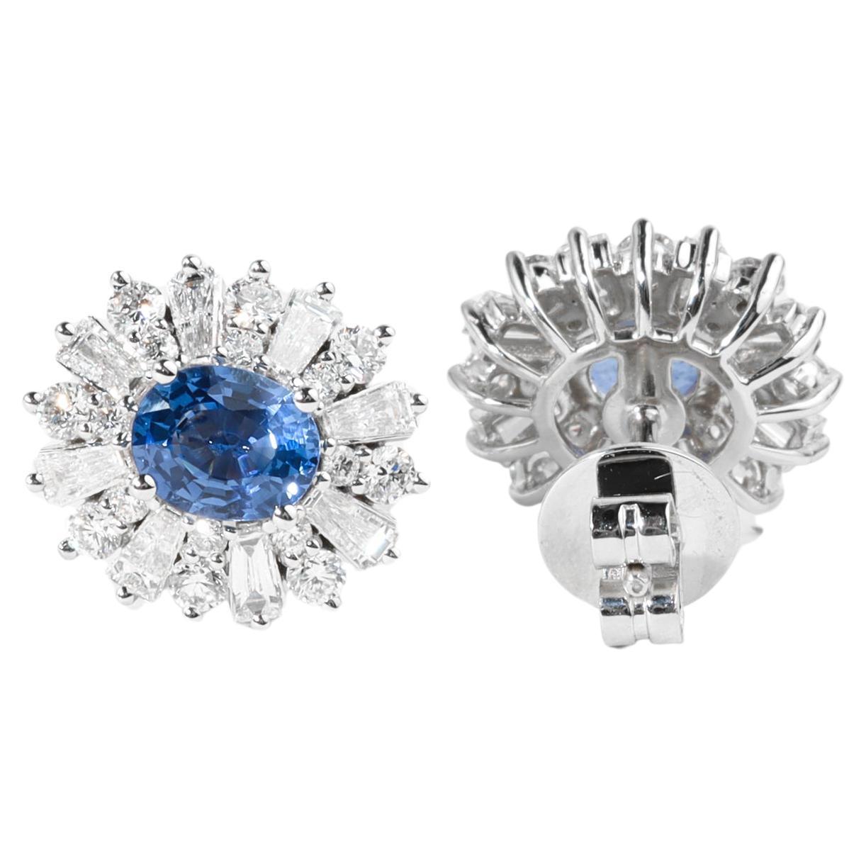 Certified Sapphire Diamond Halo Oval Cut Stud Earrings for her, 18k white gold For Sale