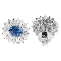 Boucles d'oreilles saphir certifié diamant halo coupe ovale pour elle, or blanc 18 carats