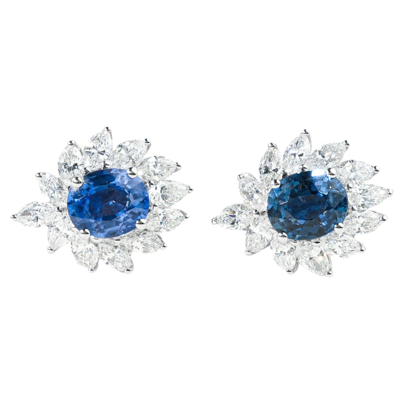 Certified Sapphire Diamond Halo Oval Cut Stud Earrings for her, 18k white gold For Sale