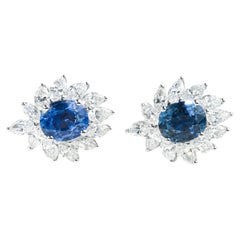 Boucles d'oreilles saphir certifié diamant halo coupe ovale pour elle, or blanc 18 carats