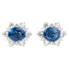 Boucles d'oreilles saphir certifié diamant halo coupe ovale pour elle, or blanc 18 carats