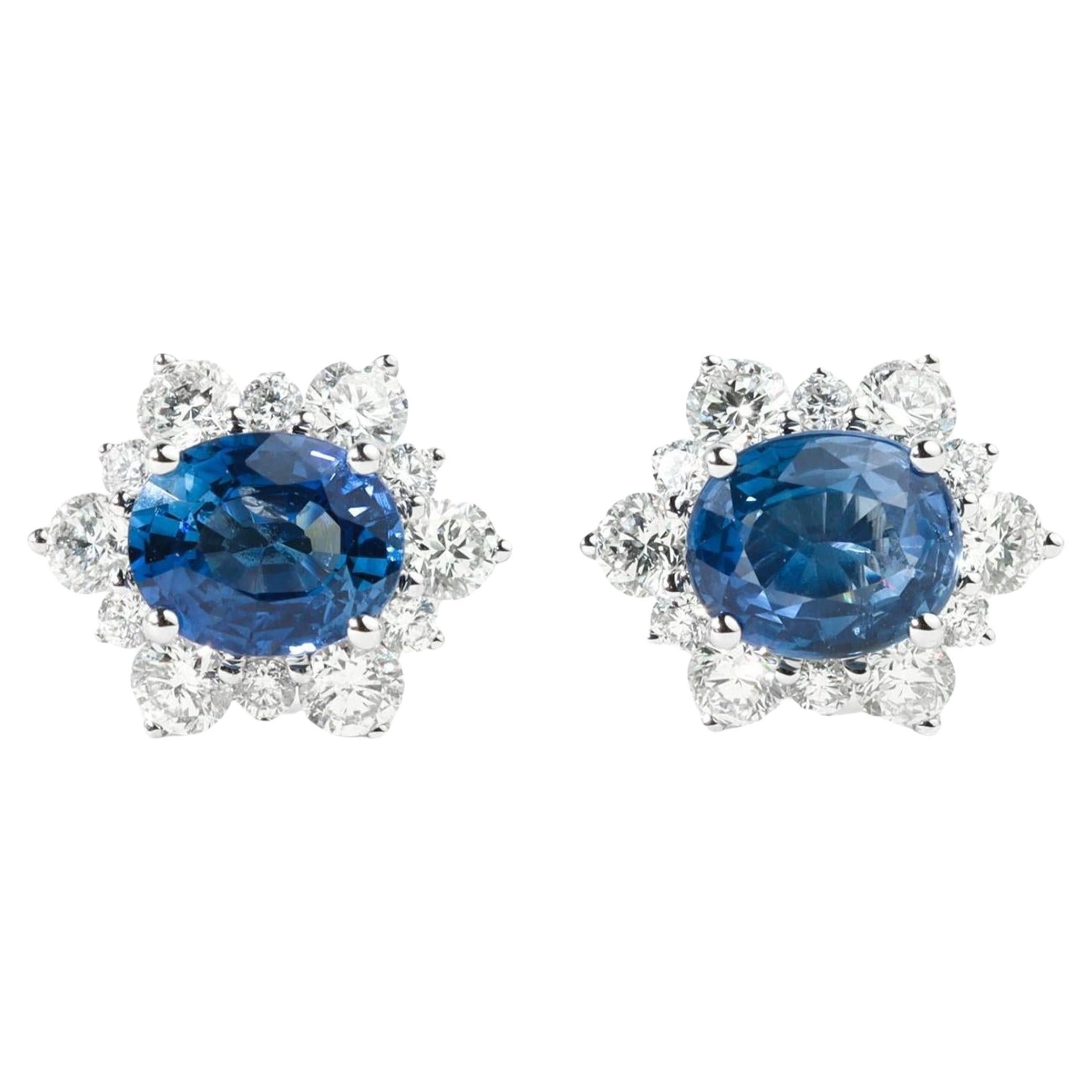 Orecchini con zaffiro certificato e diamante aureolato con taglio ovale per lei, oro bianco 18 carati