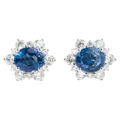 Orecchini con zaffiro certificato e diamante aureolato con taglio ovale per lei, oro bianco 18 carati