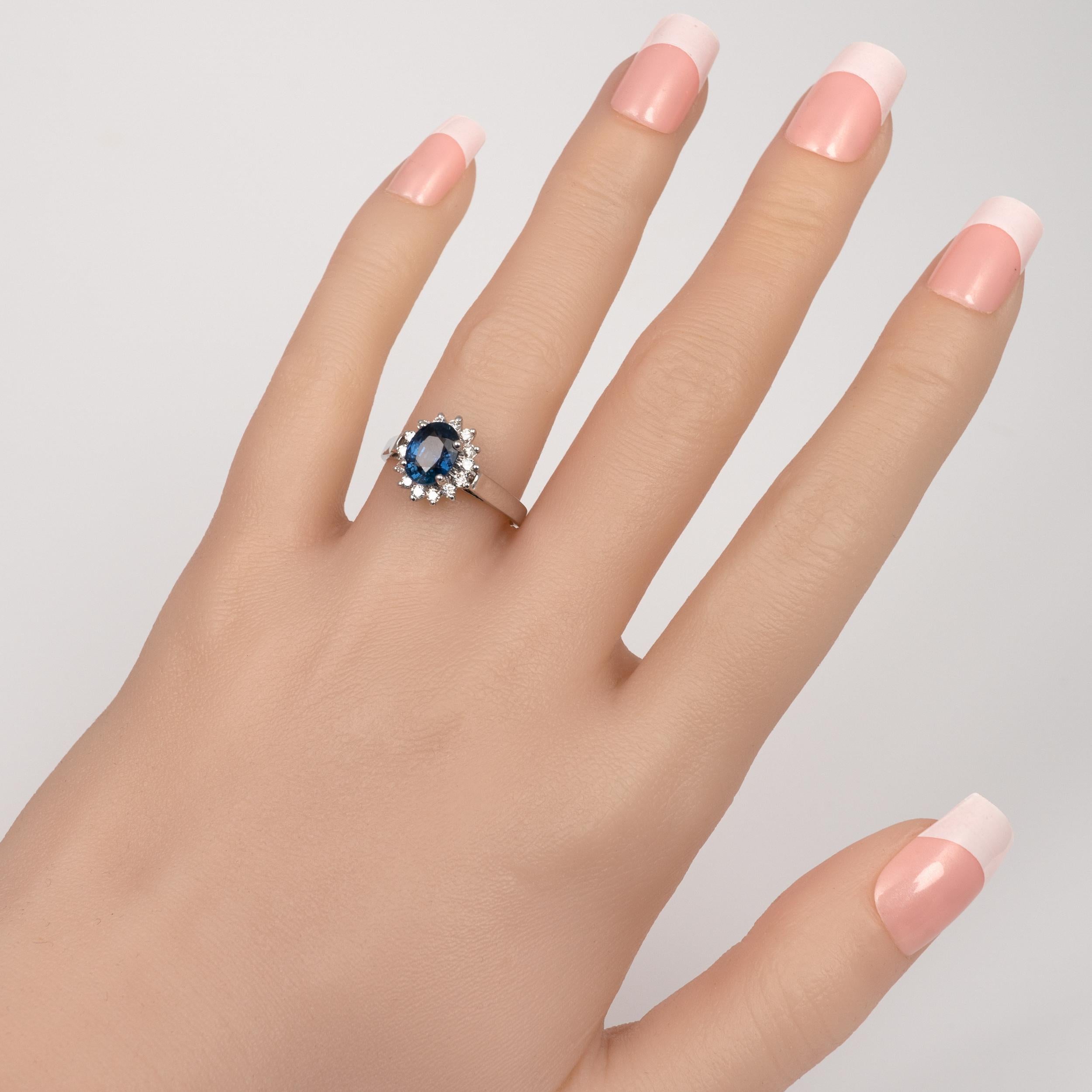 Women's Certified Sapphire Diamond Halo Ring 18 Karat White Gold UK Hallmarks For Sale