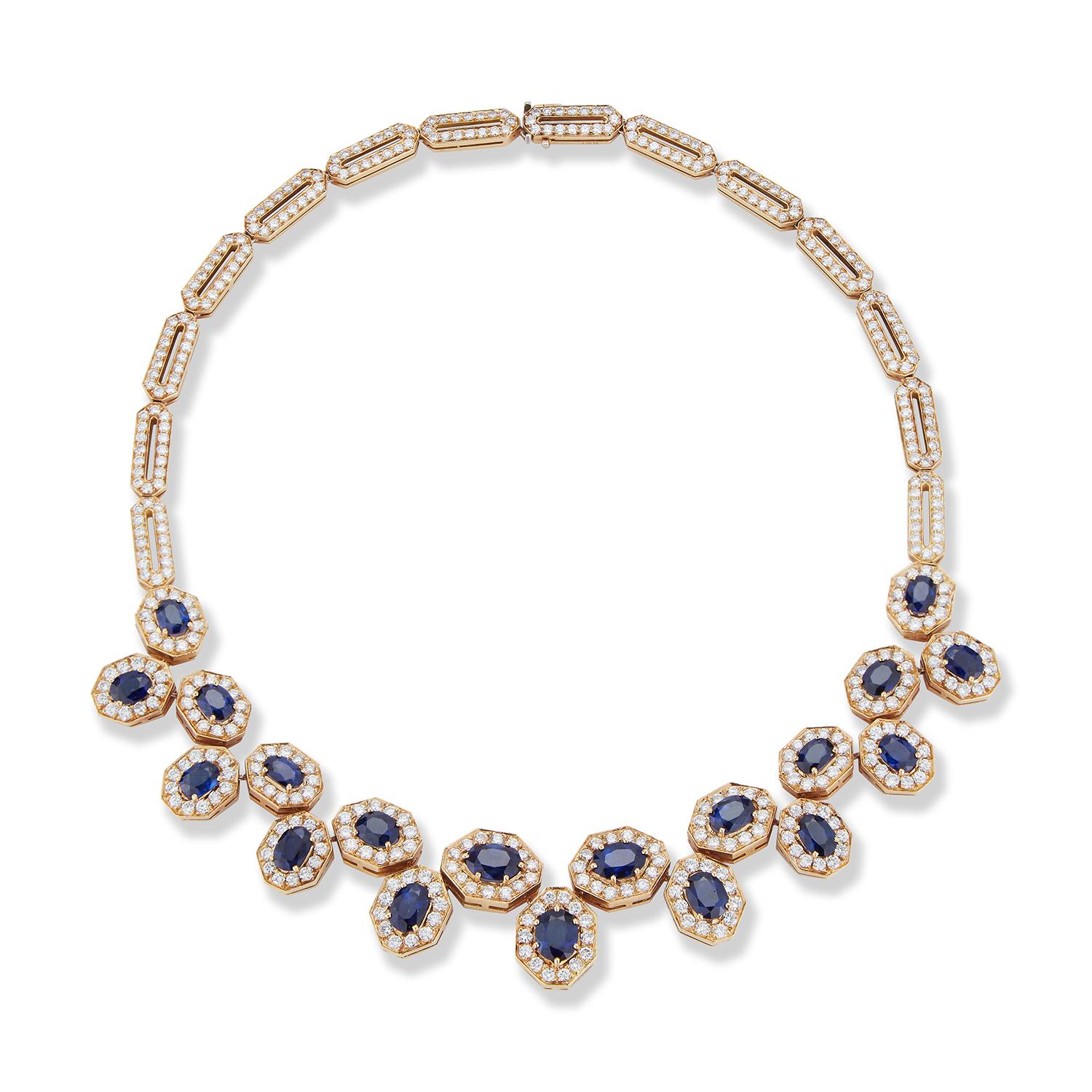 AGL Certified Sapphire & Diamond Necklace,

Set with 19 oval cut sapphires weighing approximately 15 carats & 458 round cut diamonds weighing approximately 11.40 carats
With a certificate from AGL laboratories stating the sapphires are of Ceylon and