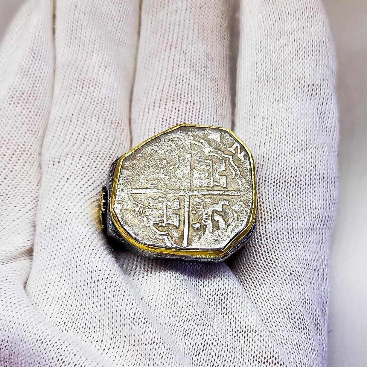 Certified Shipwreck Coin Custom Ring Men 22K Yellow Gold Silver Da Gama Treasure In New Condition In Lambertville , NJ