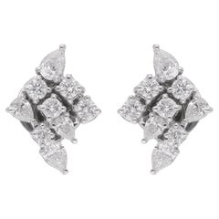 18 Karat White Gold Certified SI/H Round Pear Diamond Cluster Stud Earrings