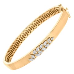 Certified SI/H Diamond Leaf Shape Cluster Bangle Bracelet 14 Karat Yellow Gold