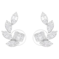 Certified SI/H Diamond Leaf Stud Earrings 14K White Gold Fine Jewelry