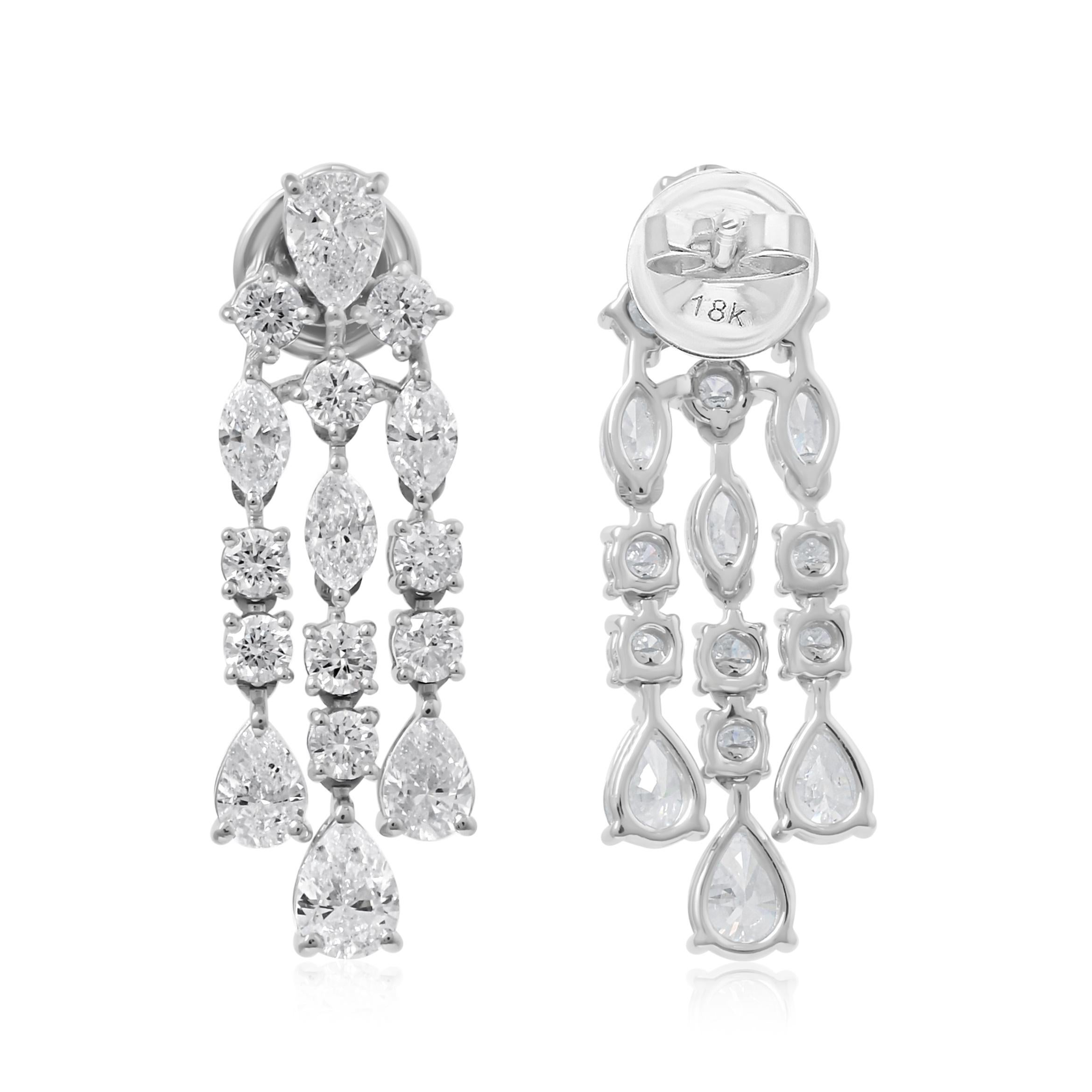 Pendientes de gota de tres hileras de diamantes SI/H certificados Oro blanco 18k Todos los aranceles pagados Corte mixto en venta