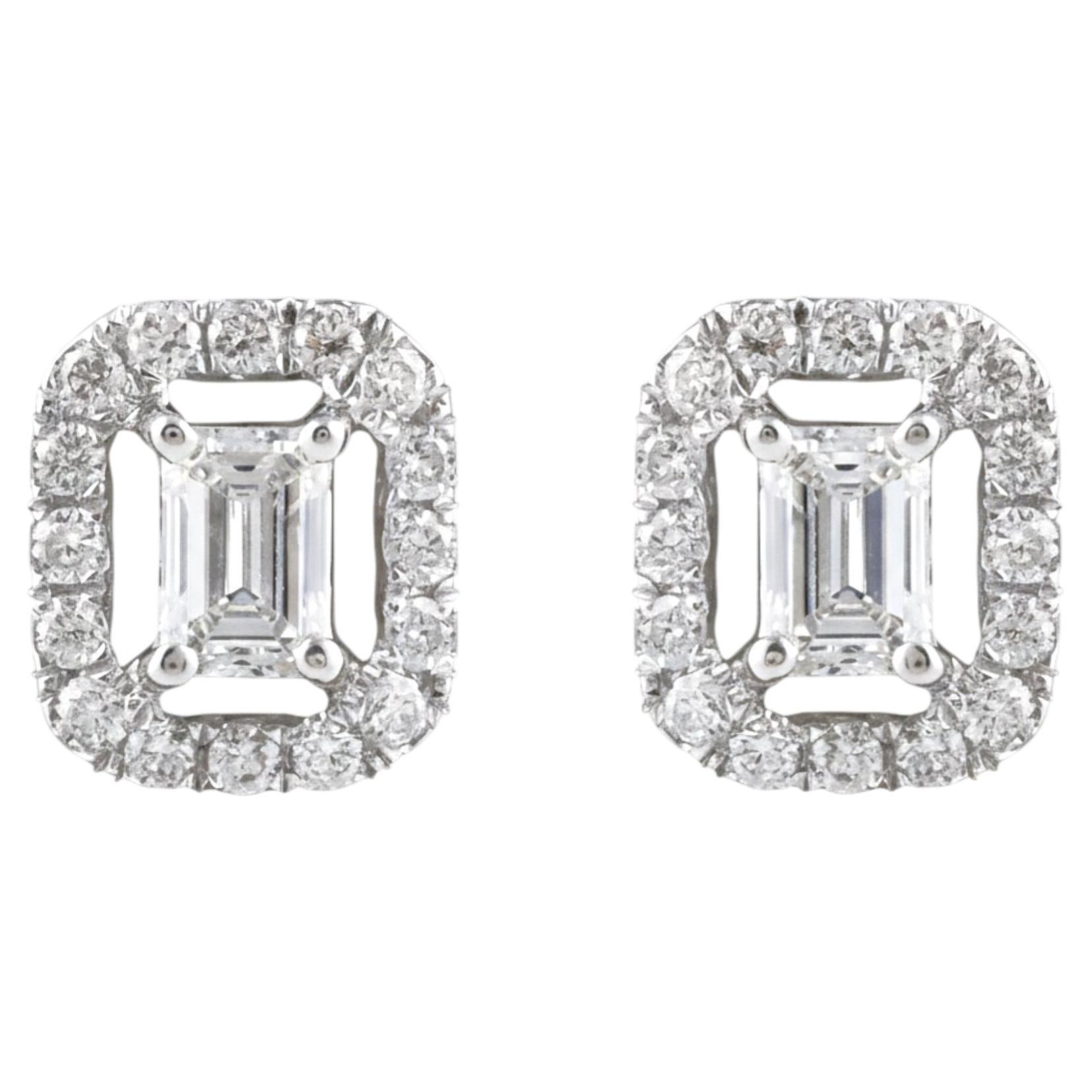 Certified Emerald Cut Diamond Halo Studs 18Karat White Gold Earrings Jewelry