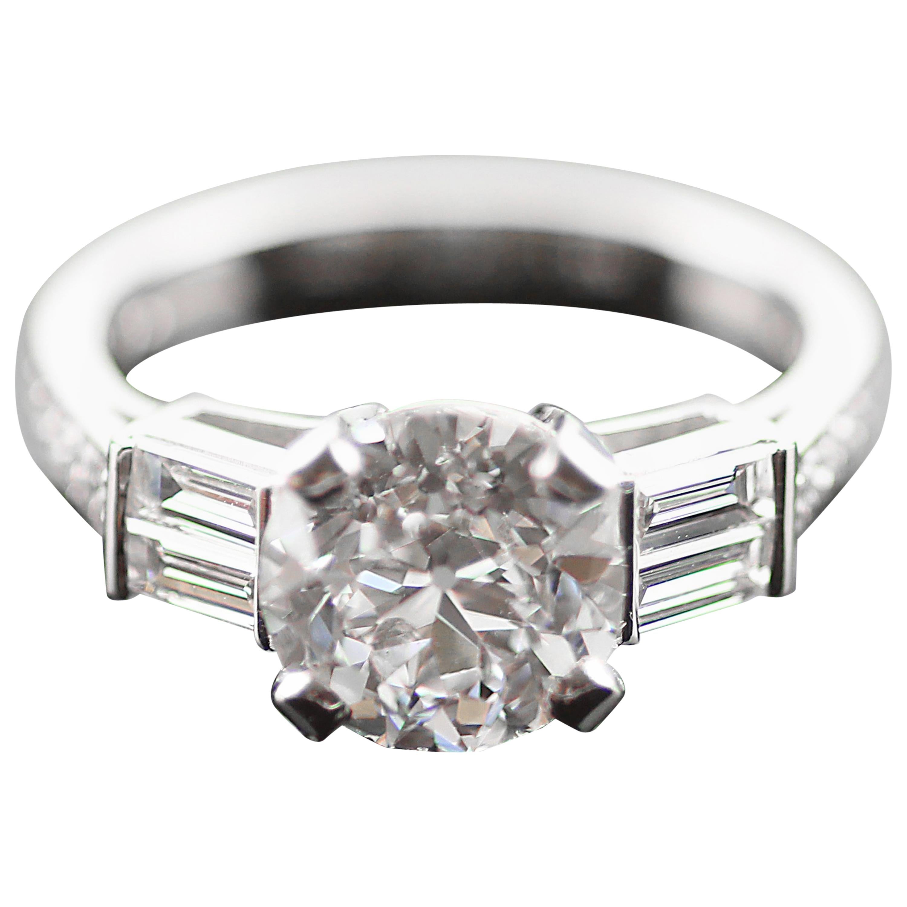 Certified Diamond Ring, Single Stone 2.3 Ct Antique Old European Cut in Platinum