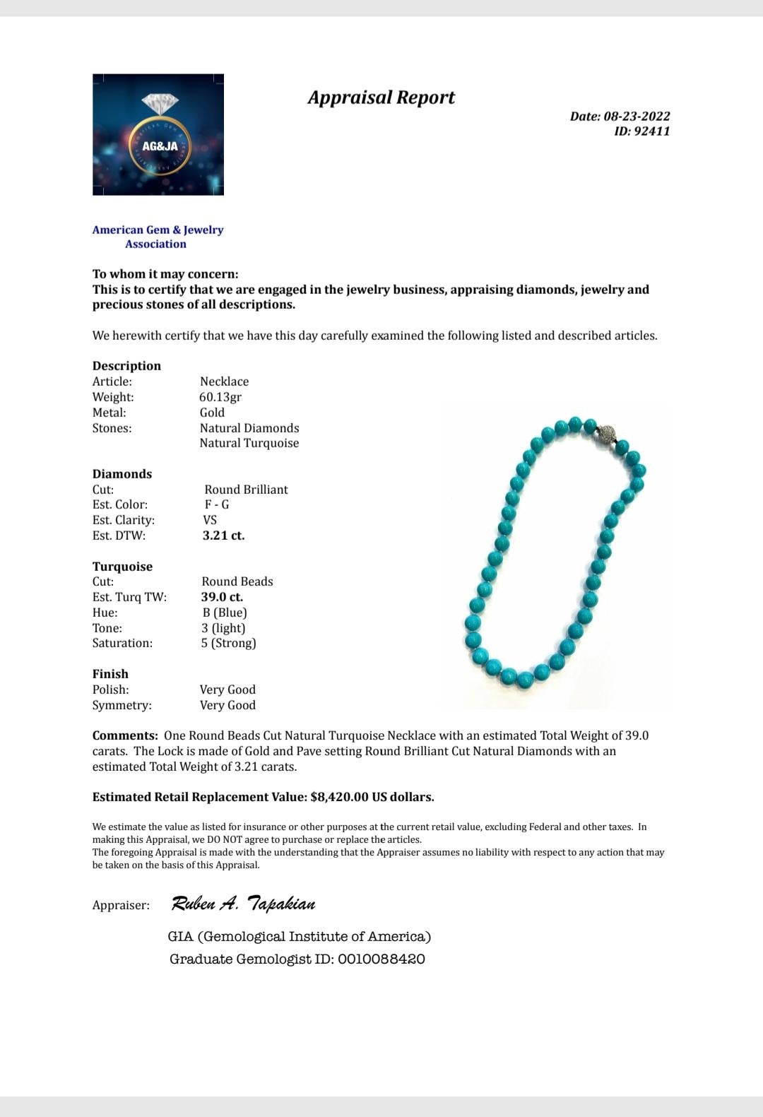 Zertifizierte Sleeping Beauty Blauer Türkis-Halskette aus 18 Karat Gold mit 3,21 Karat Diamanten im Angebot 4
