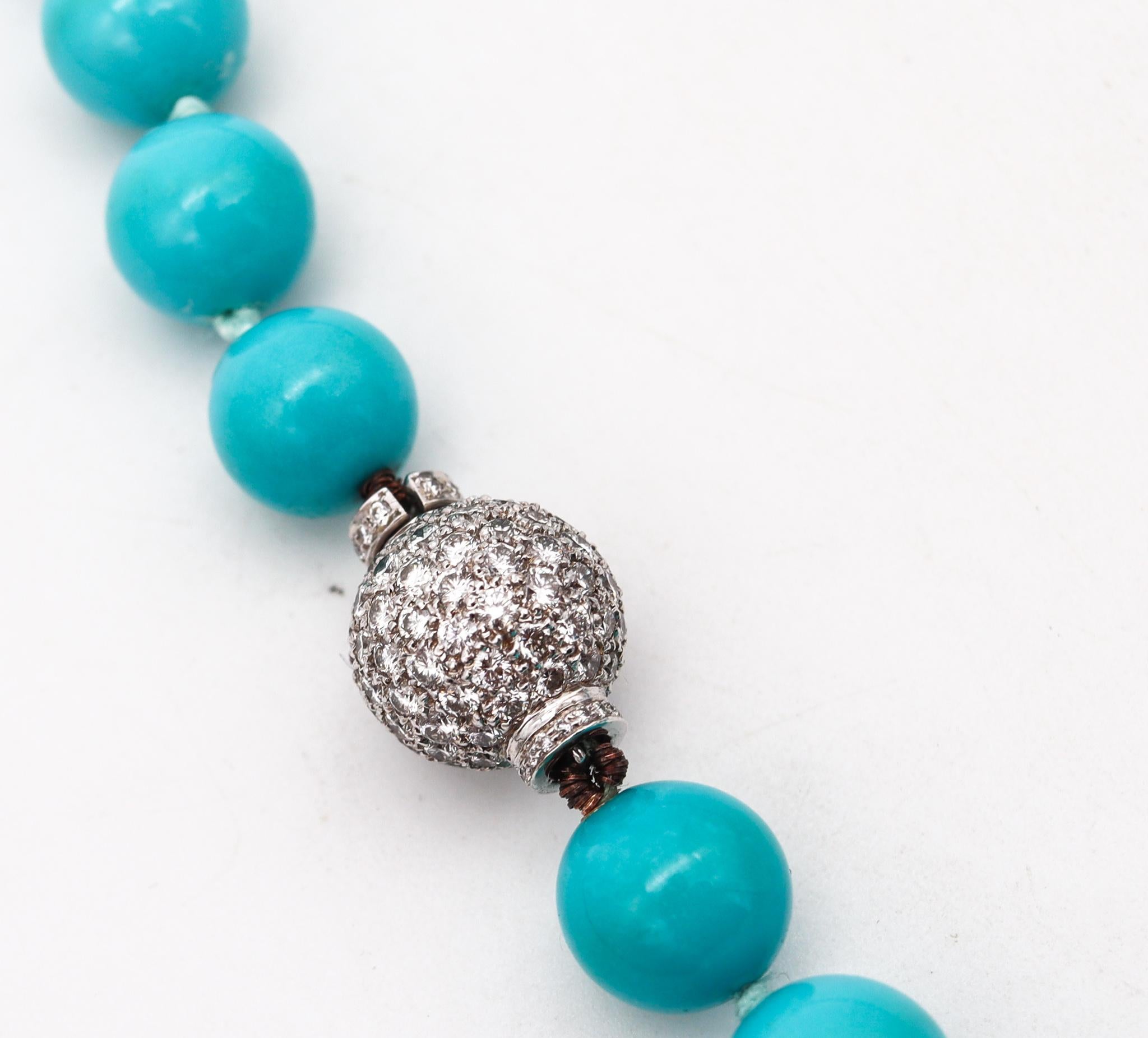 A sleeping beauty blue turquoise necklace.

Beautiful and elegant contemporary necklace composed by 39 calibrated round beads of 10 mm x 10 mm carved from natural blue turquoises from the rare Sleeping beauty variety. Fitted with a security sphere