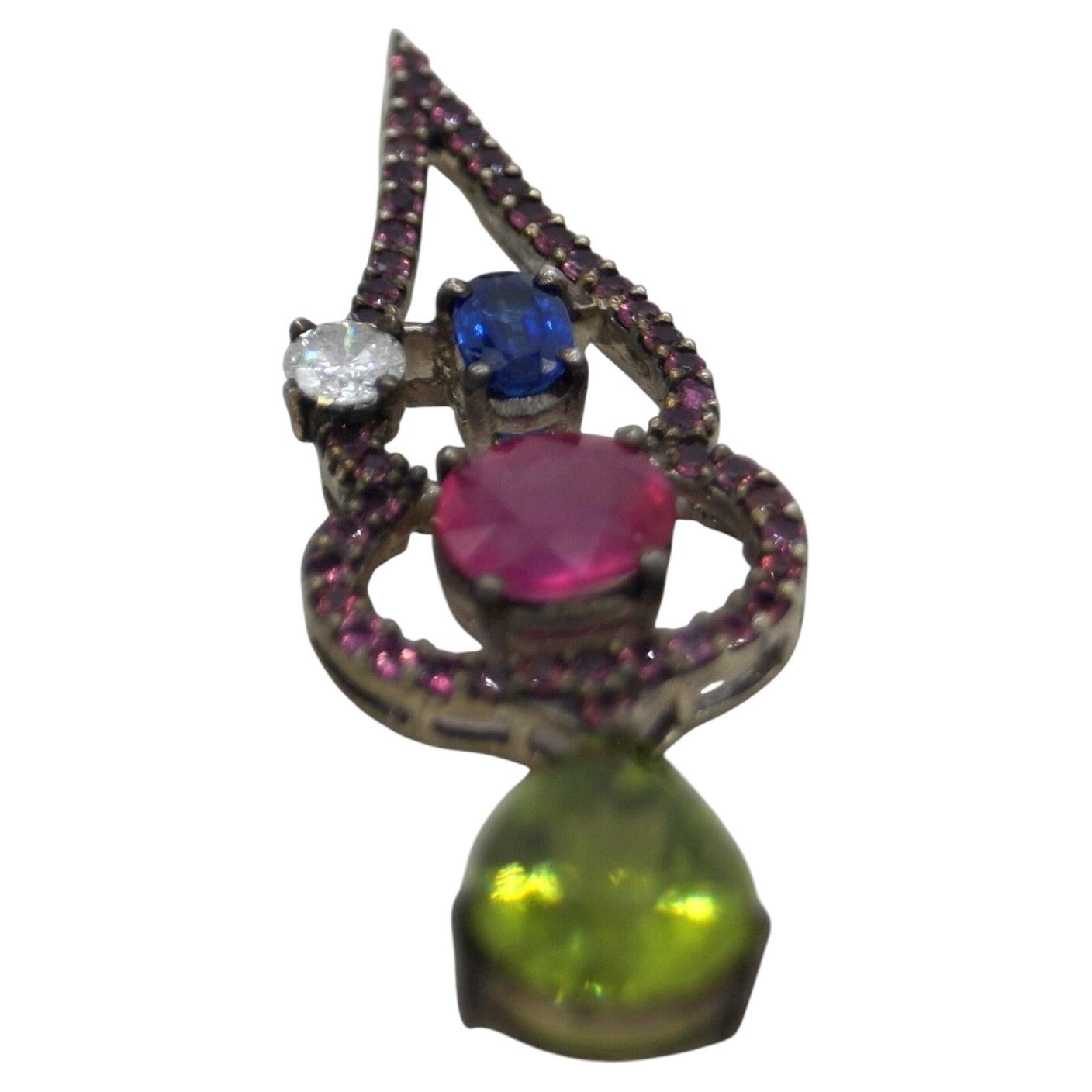 Certified solitaire Natural Diamond ruby peridot kyanite sterling silver pendant For Sale