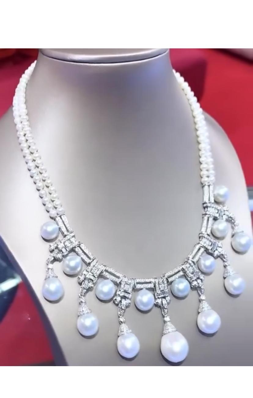 Mixed Cut Certified SOUTH SEA Pearls  5.50 Carats Diamonds 18k Gold Art Deco Necklace For Sale