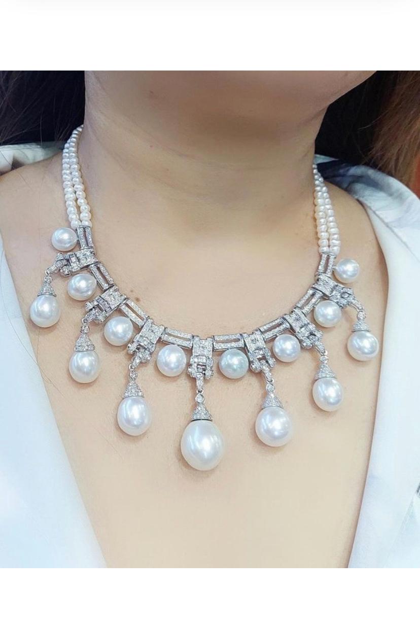 Women's Certified SOUTH SEA Pearls  5.50 Carats Diamonds 18k Gold Art Deco Necklace For Sale