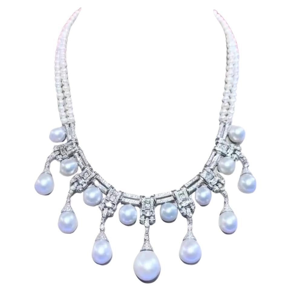 Certified SOUTH SEA Pearls  5.50 Carats Diamonds 18k Gold Art Deco Necklace For Sale