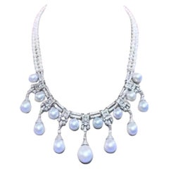 Certified SOUTH SEA Pearls  5.50 Carats Diamonds 18k Gold Art Deco Necklace