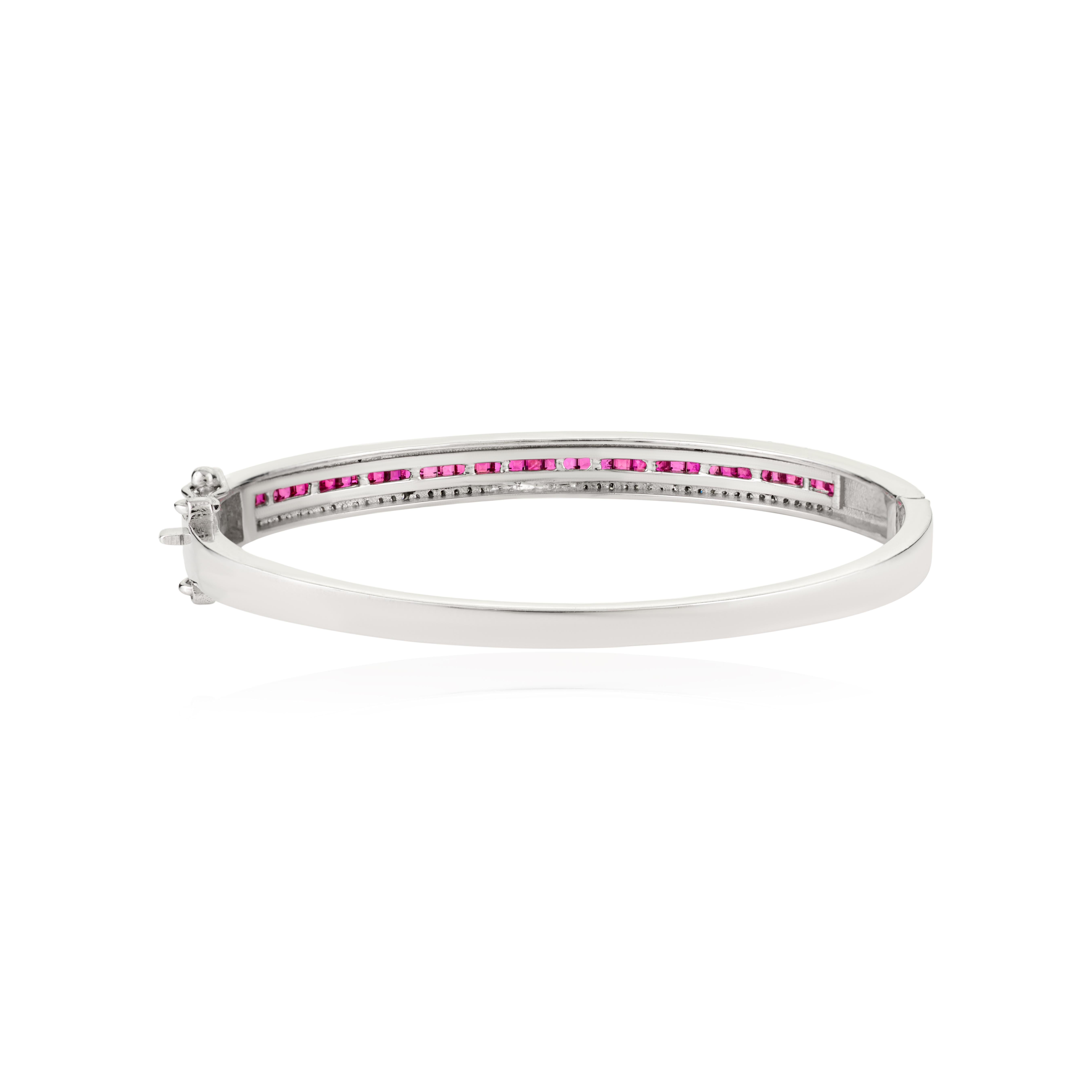 Women's Certified Square Cut Ruby and Diamond Statement Bangle Bracelet in 925 Silver For Sale