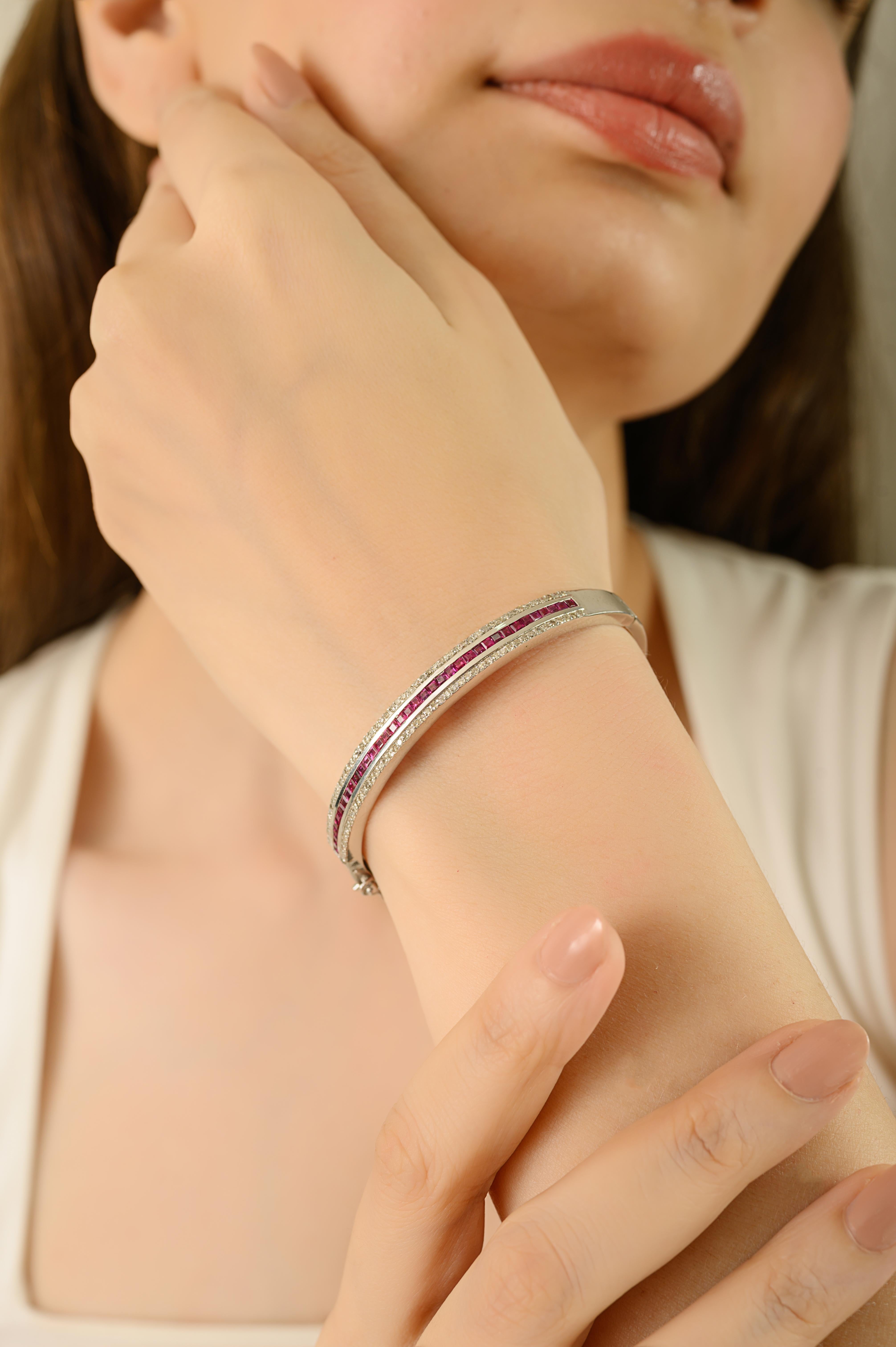 De las mujeres Pulsera brazalete de plata 925 con rubíes y diamantes de talla cuadrada certificados en venta