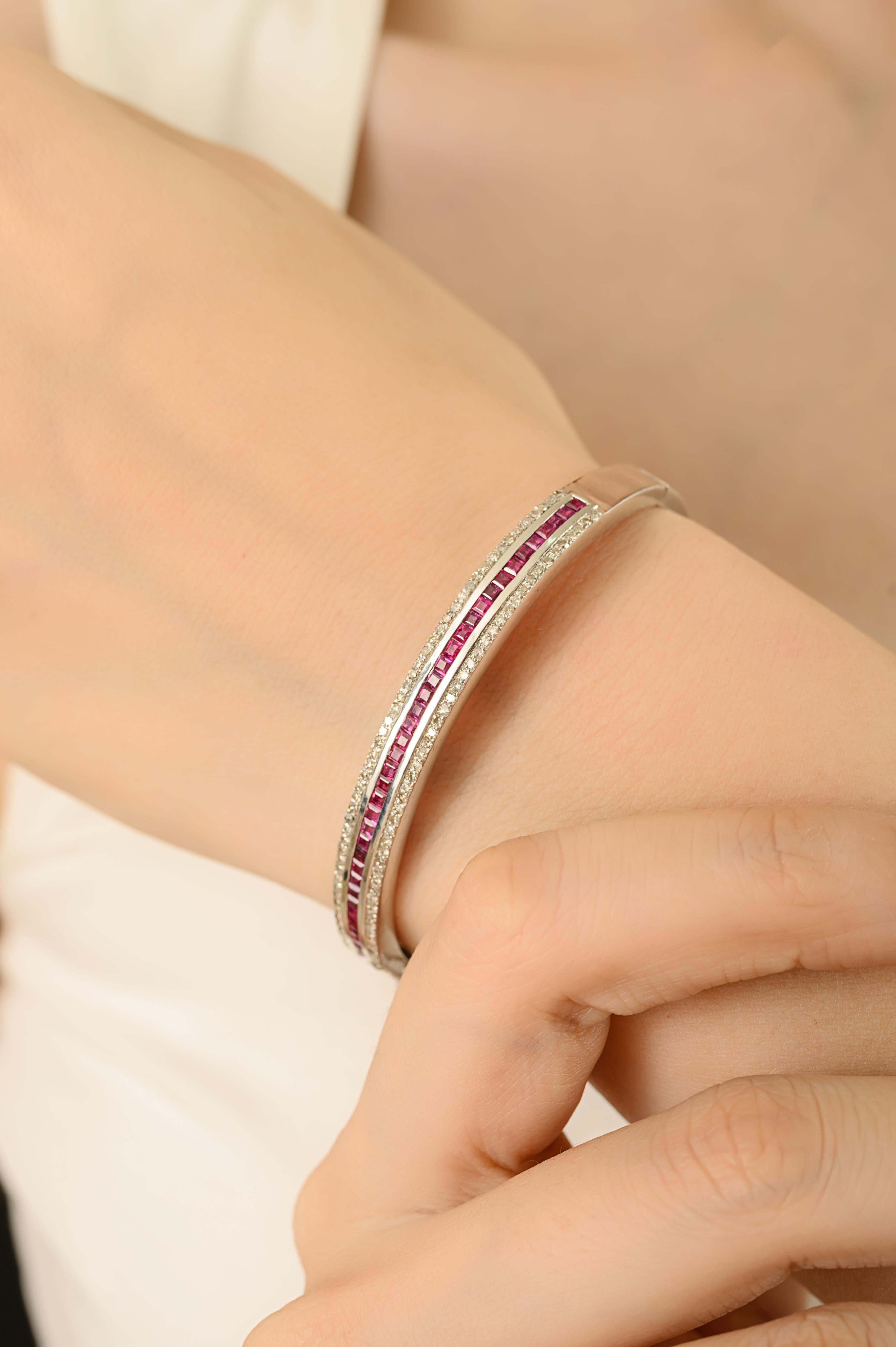 Pulsera brazalete de plata 925 con rubíes y diamantes de talla cuadrada certificados en venta 2