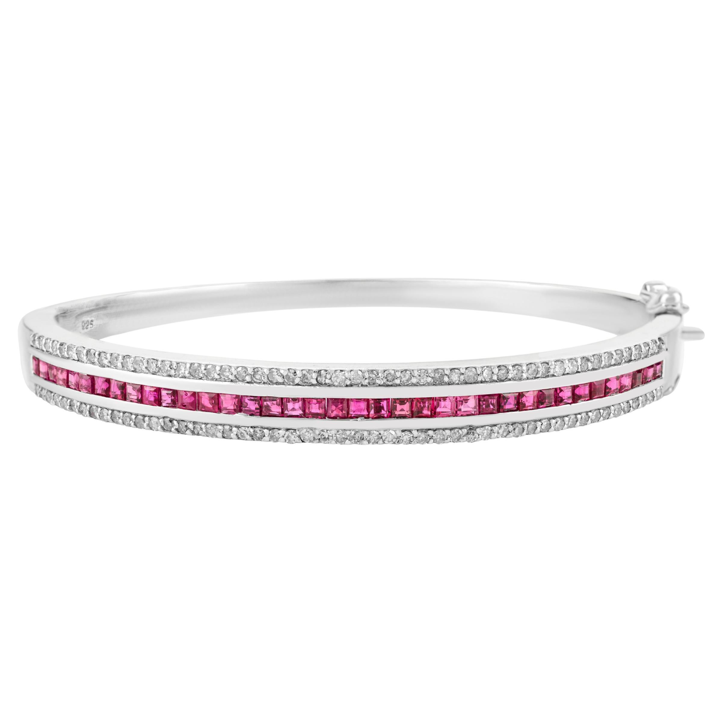 Certified Square Cut Ruby and Diamond Statement Bangle Bracelet in 925 Silver For Sale