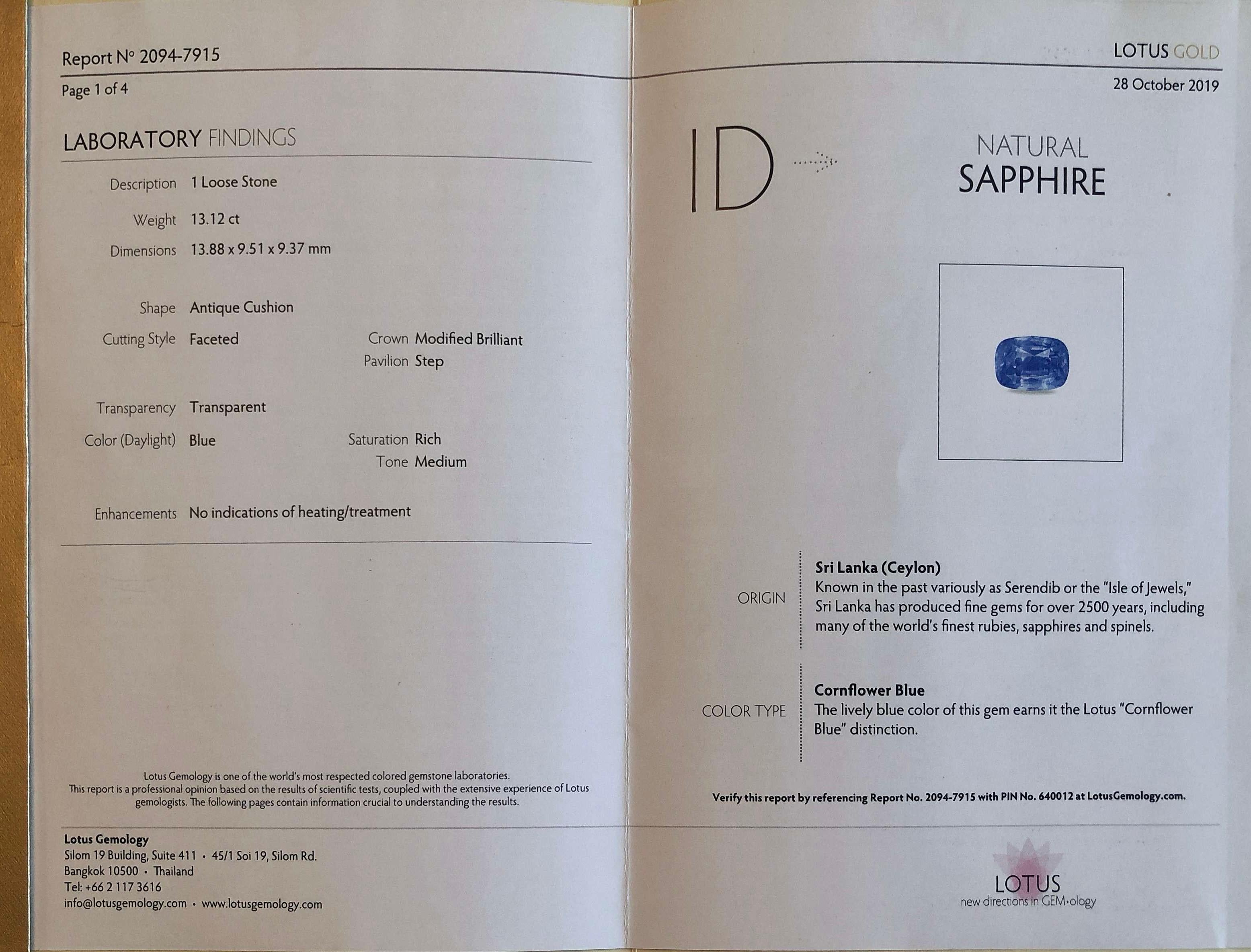 Contemporain Saphir bleu de Ceylan non chauffé 13,12 carats, pierre précieuse non sertie, coussin certifié en vente