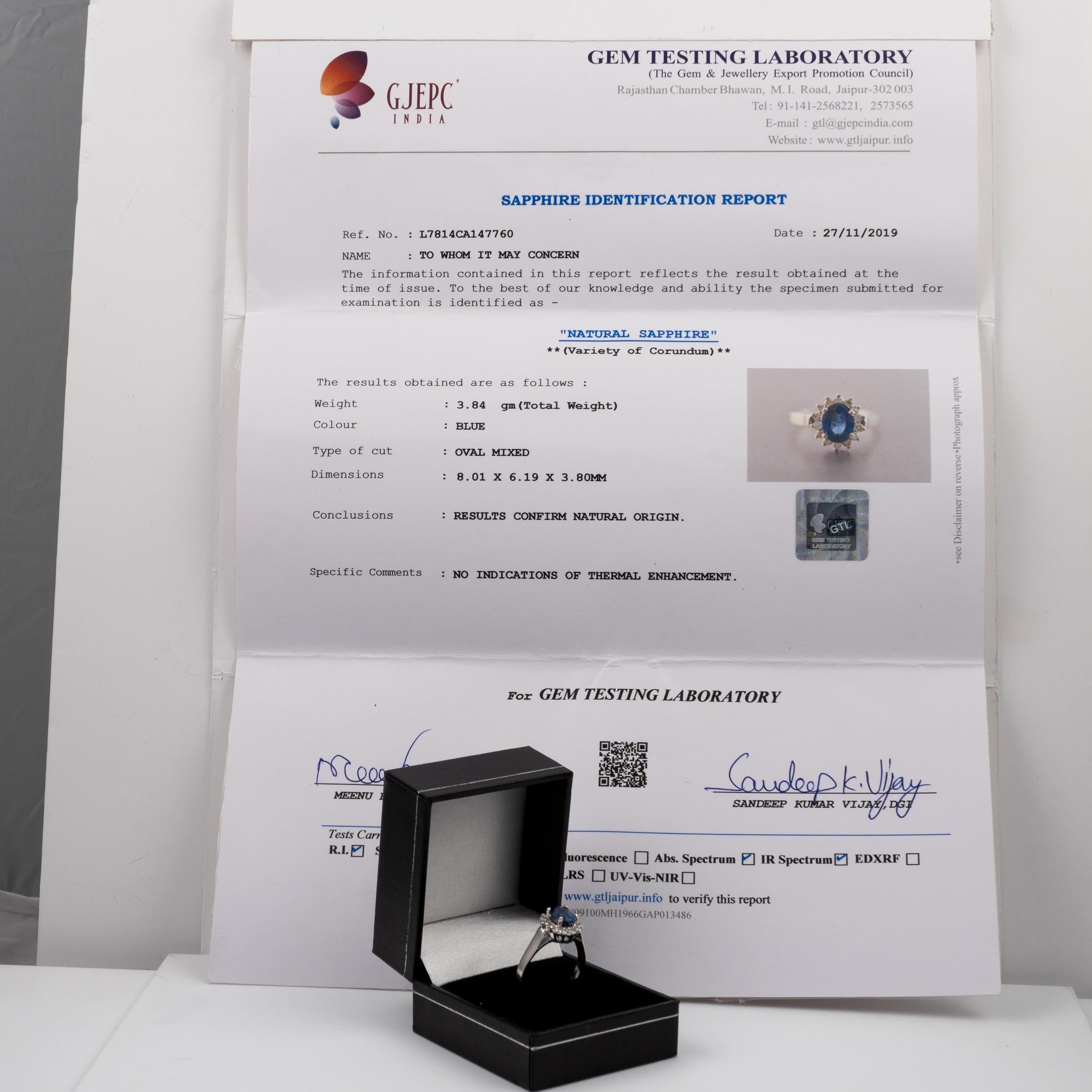 Certified Sapphire Diamond Halo Ring 18 Karat White Gold UK Hallmarks For Sale 5