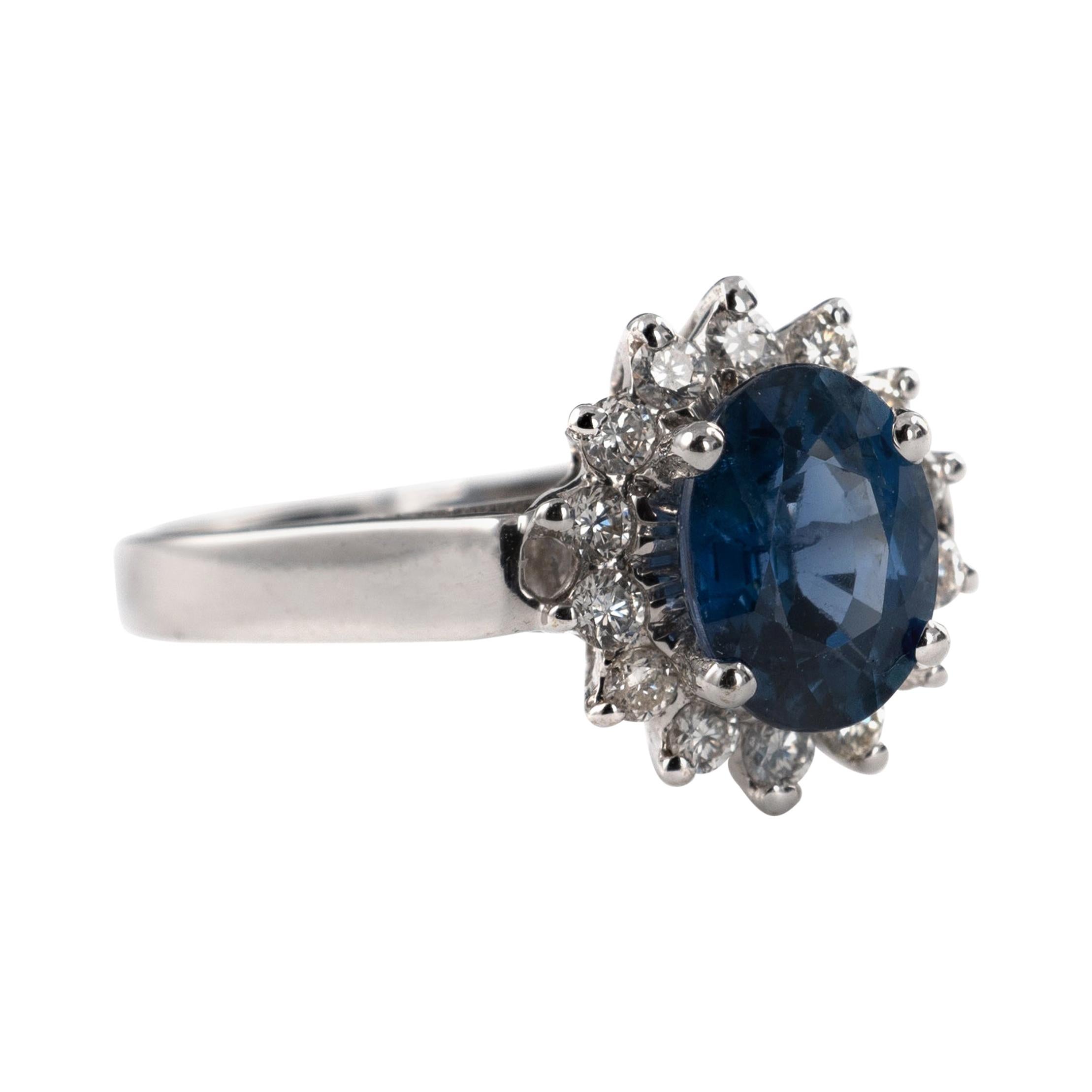Certified Sapphire Diamond Halo Ring 18 Karat White Gold UK Hallmarks For Sale