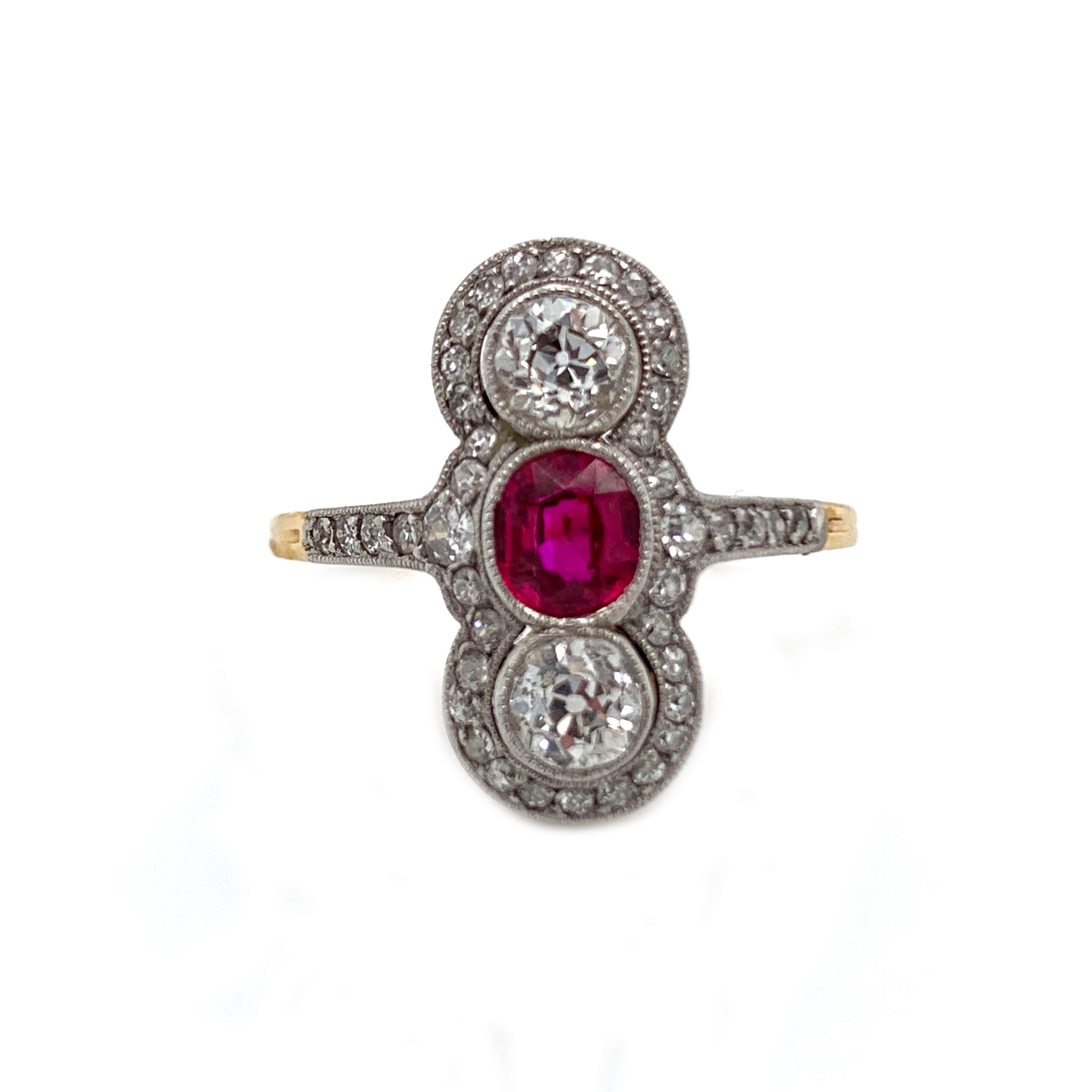 We, have this elegant Edwardian style Platinum Ruby and Diamond gorgeous ring in a US size 8. This, beautiful ring comes with a SSEF certificate for the Burma No Heat Ruby. The ring weigh 4.2 grams and feature a beautiful bright yellow gold finish