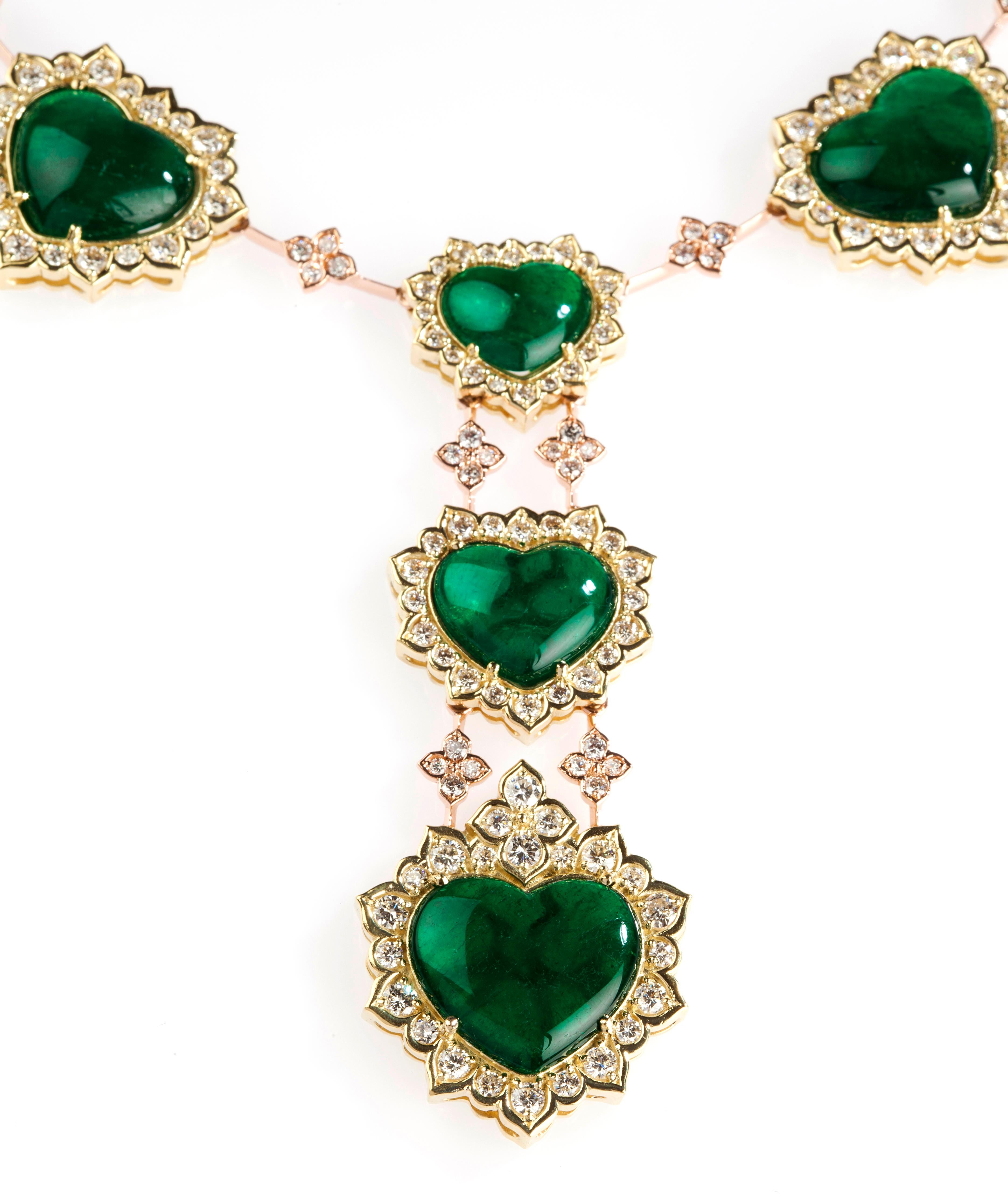 18K Gold and Diamond Necklace with Heart shape C. Dunaigre Swiss Lab Certified Colombian Emeralds by Stambolian

This state-of-the-art necklace by American designer, Stambolian is a one-of-a-kind with unique and incredible design

Nine total