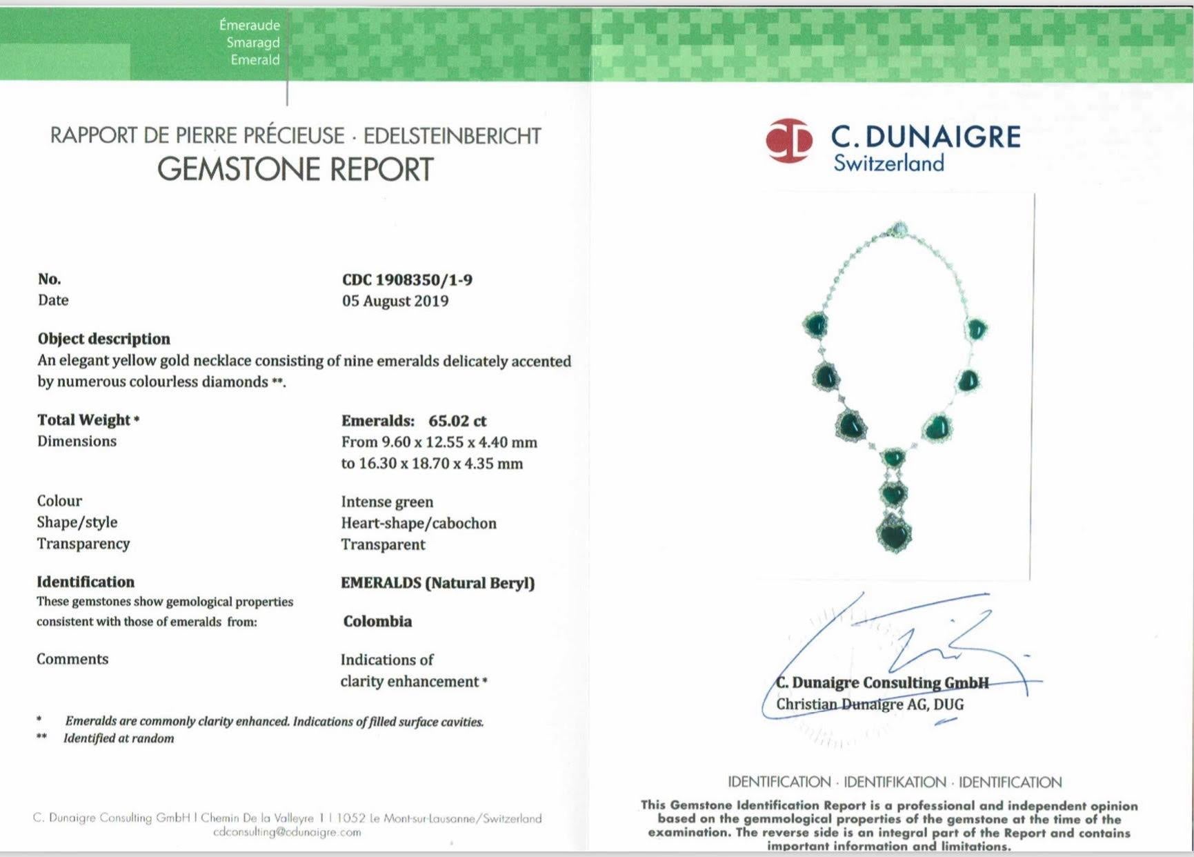 Heart Cut Certified Swiss Lab Colombian Emerald Yellow Gold Diamond Necklace Stambolian