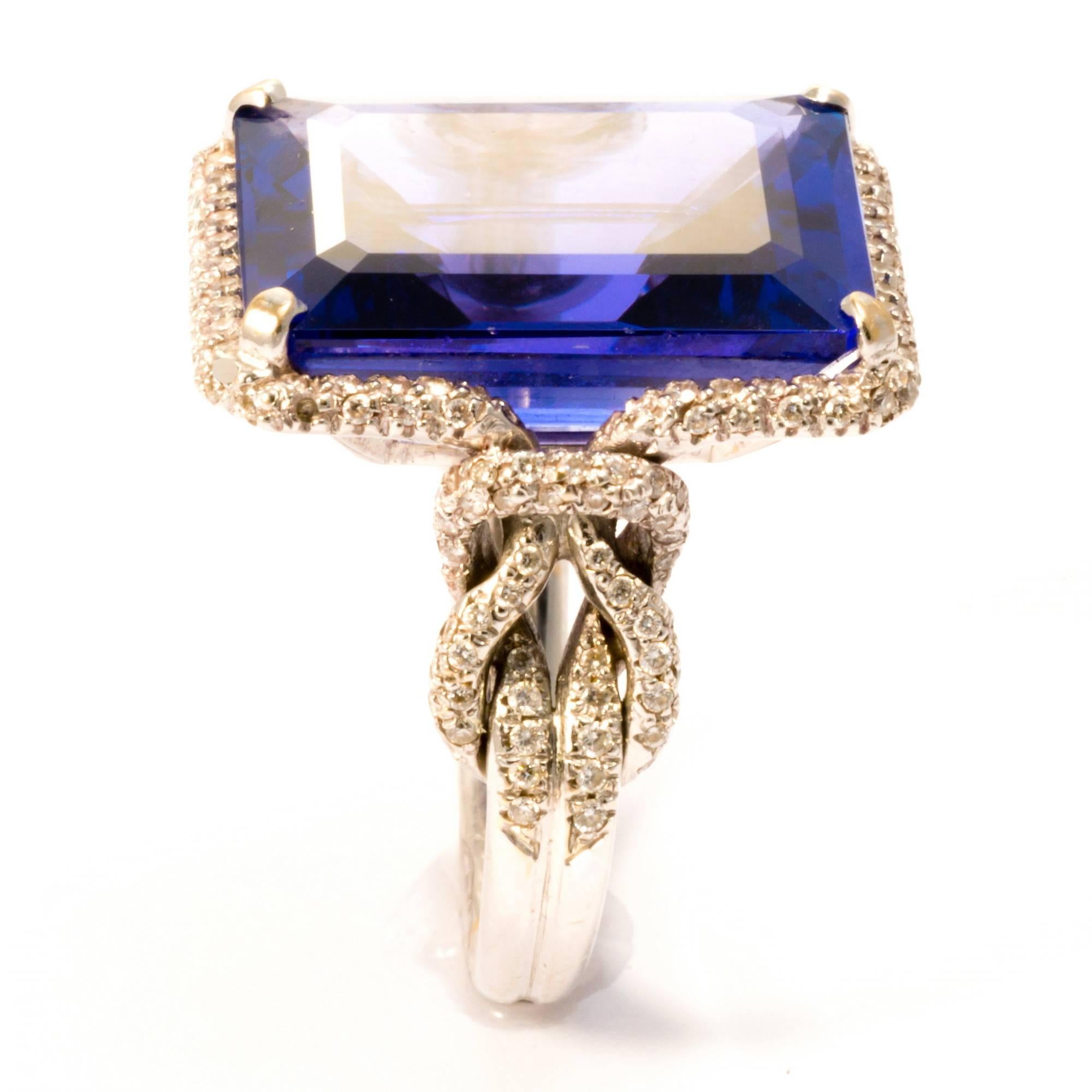 Emerald Cut 18K Gold Certified Natural Tanzanite and Diamond Cocktail Ring Band For Sale