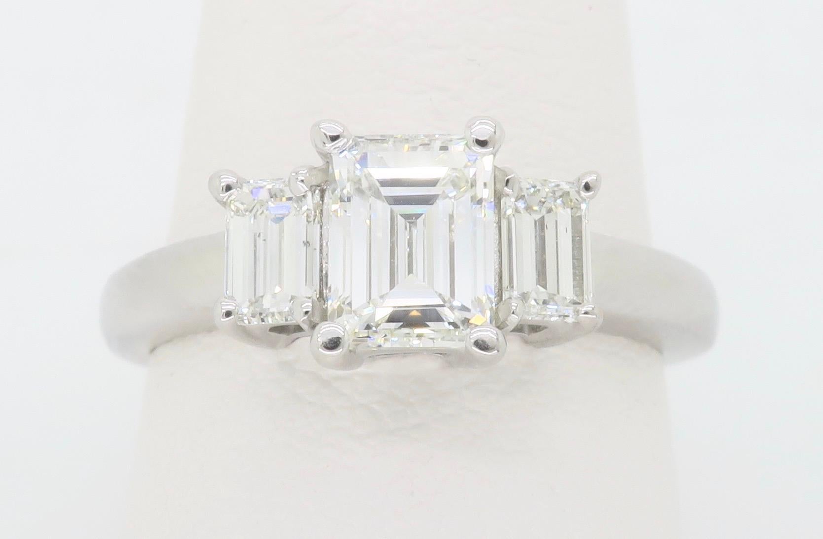 Certified Three Stone Emerald Cut Diamond Engagement Ring For Sale 6