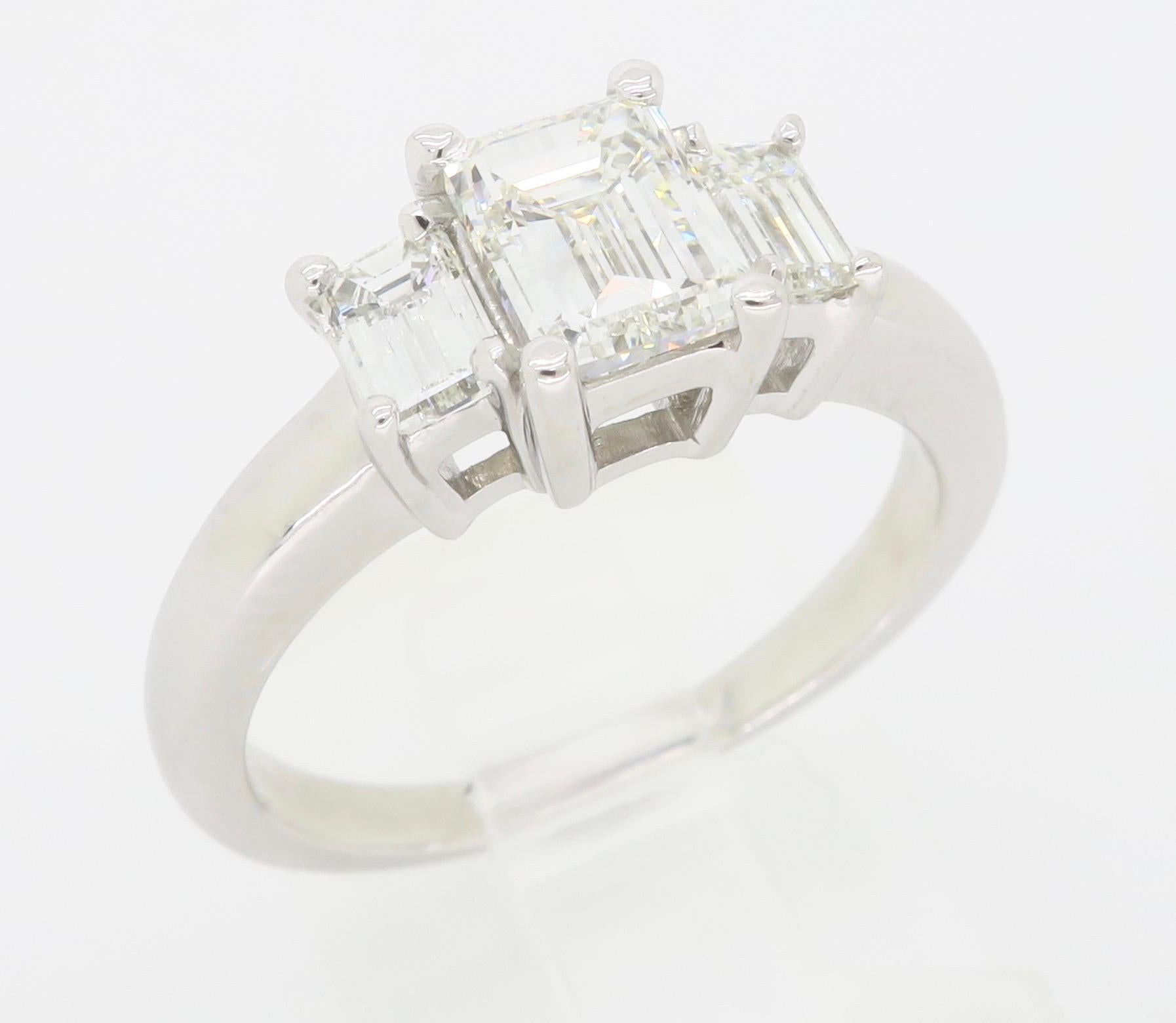 Certified Three Stone Emerald Cut Diamond Engagement Ring For Sale 8