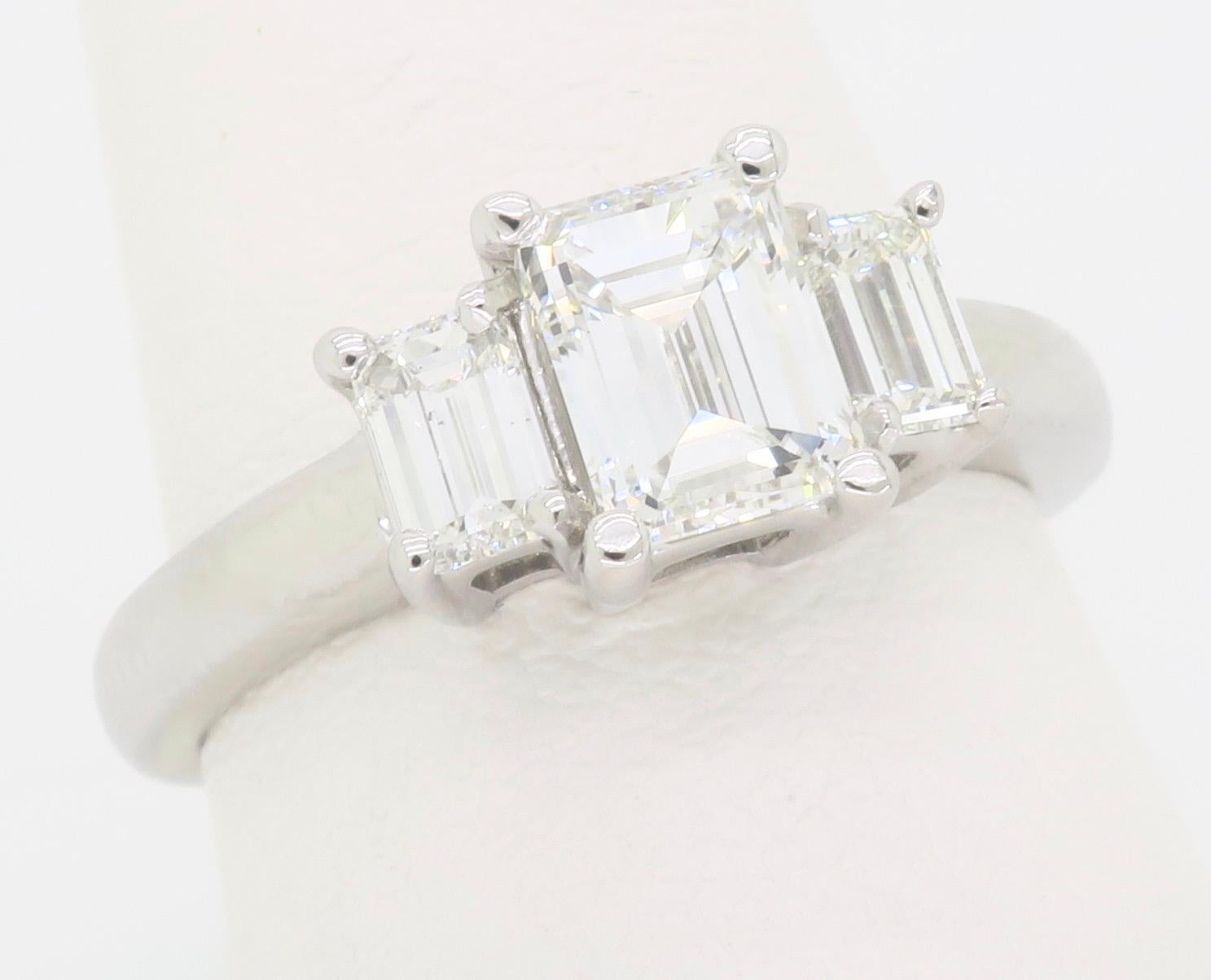 Certified Three Stone Emerald Cut Diamond Engagement Ring For Sale 9