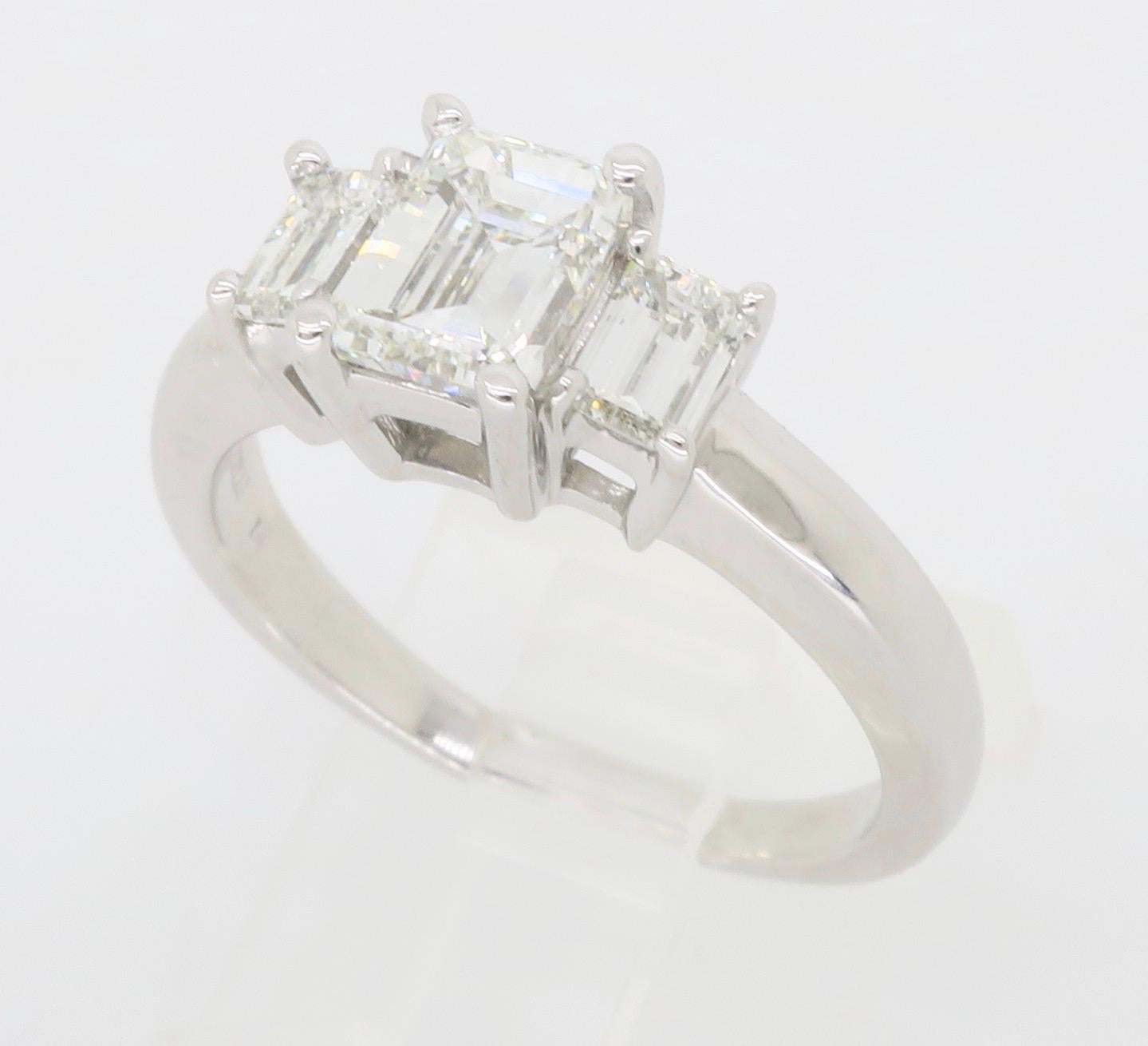 Certified Three Stone Emerald Cut Diamond Engagement Ring For Sale 1