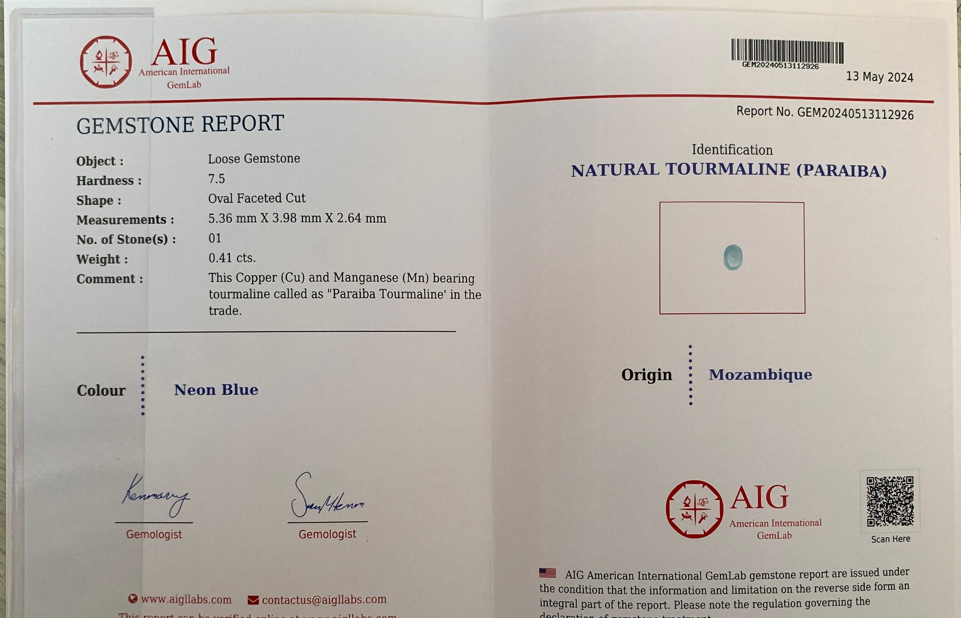 Turmalina Paraiba Azul Neón Natural Certificada de Primera Calidad 0,43 Cts en venta 5