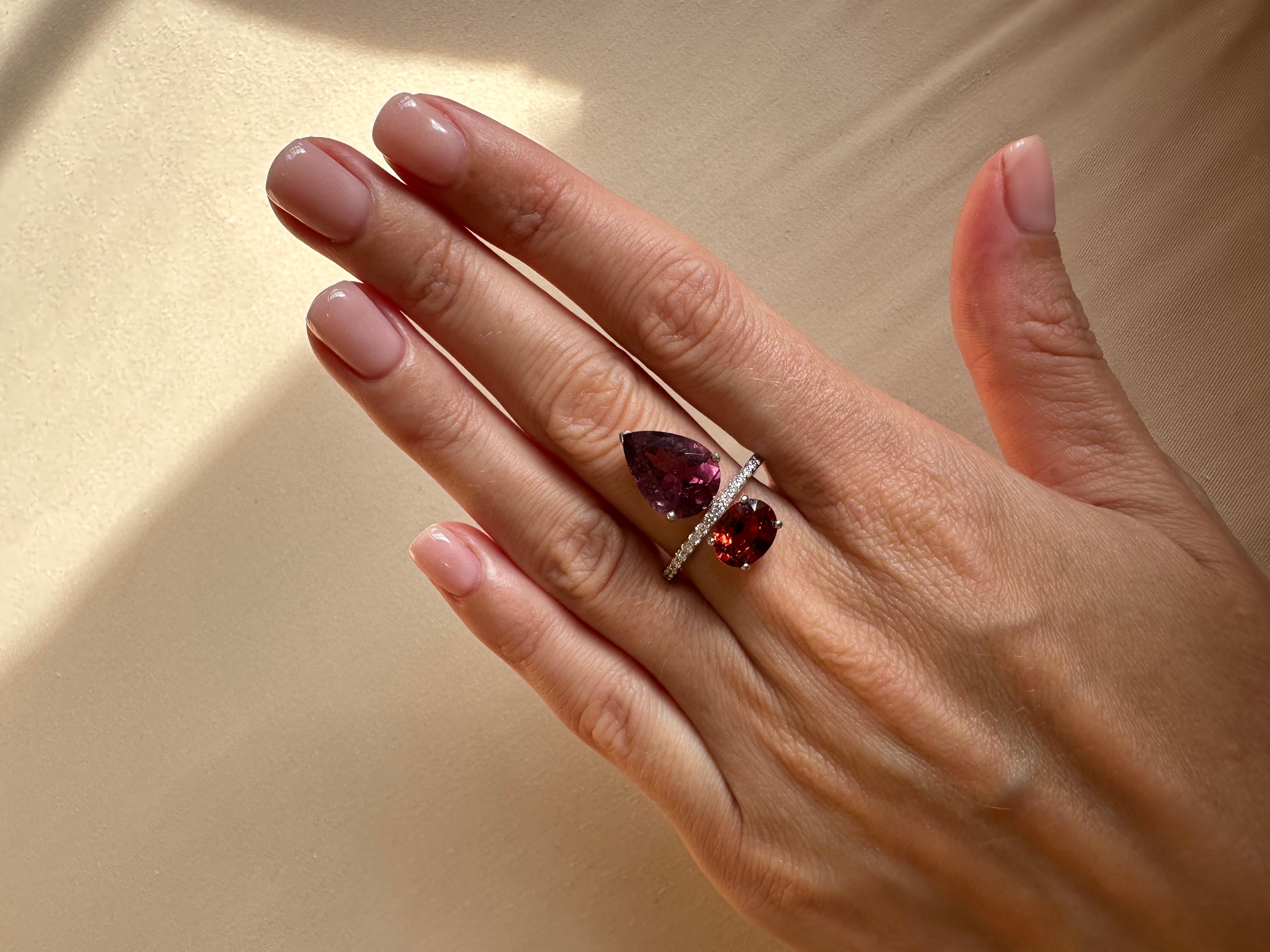 Modern Certified Tourmaline and Spessartite Cocktail Ring in 18K White Gold