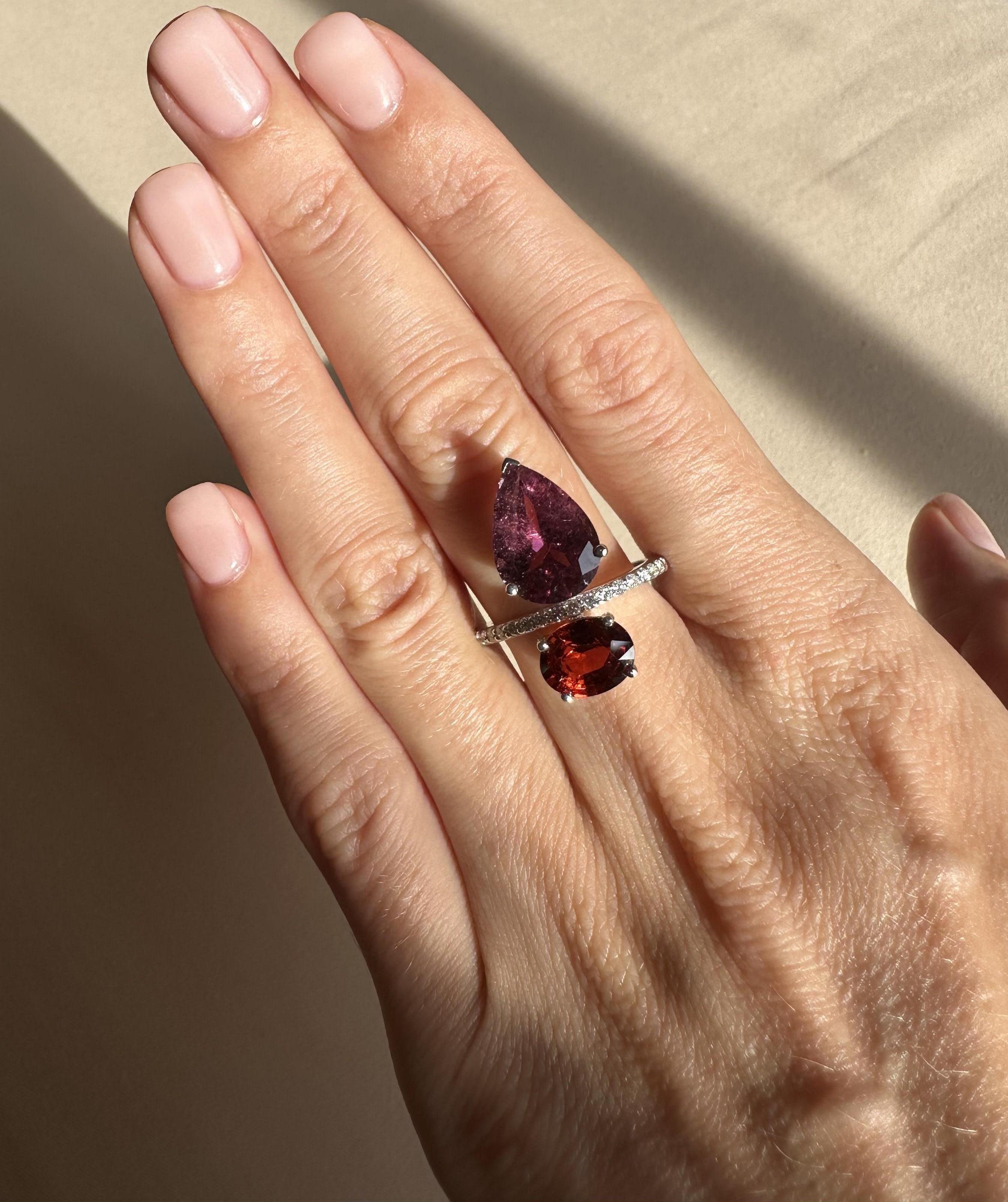 Pear Cut Certified Tourmaline and Spessartite Cocktail Ring in 18K White Gold