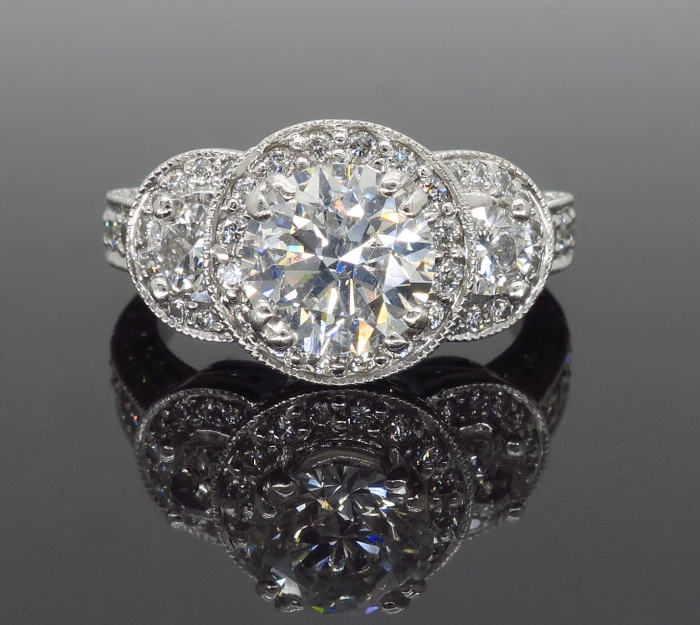 Women's or Men's Certified Triple Halo Diamond Engagement Ring in 18 Karat White Gold