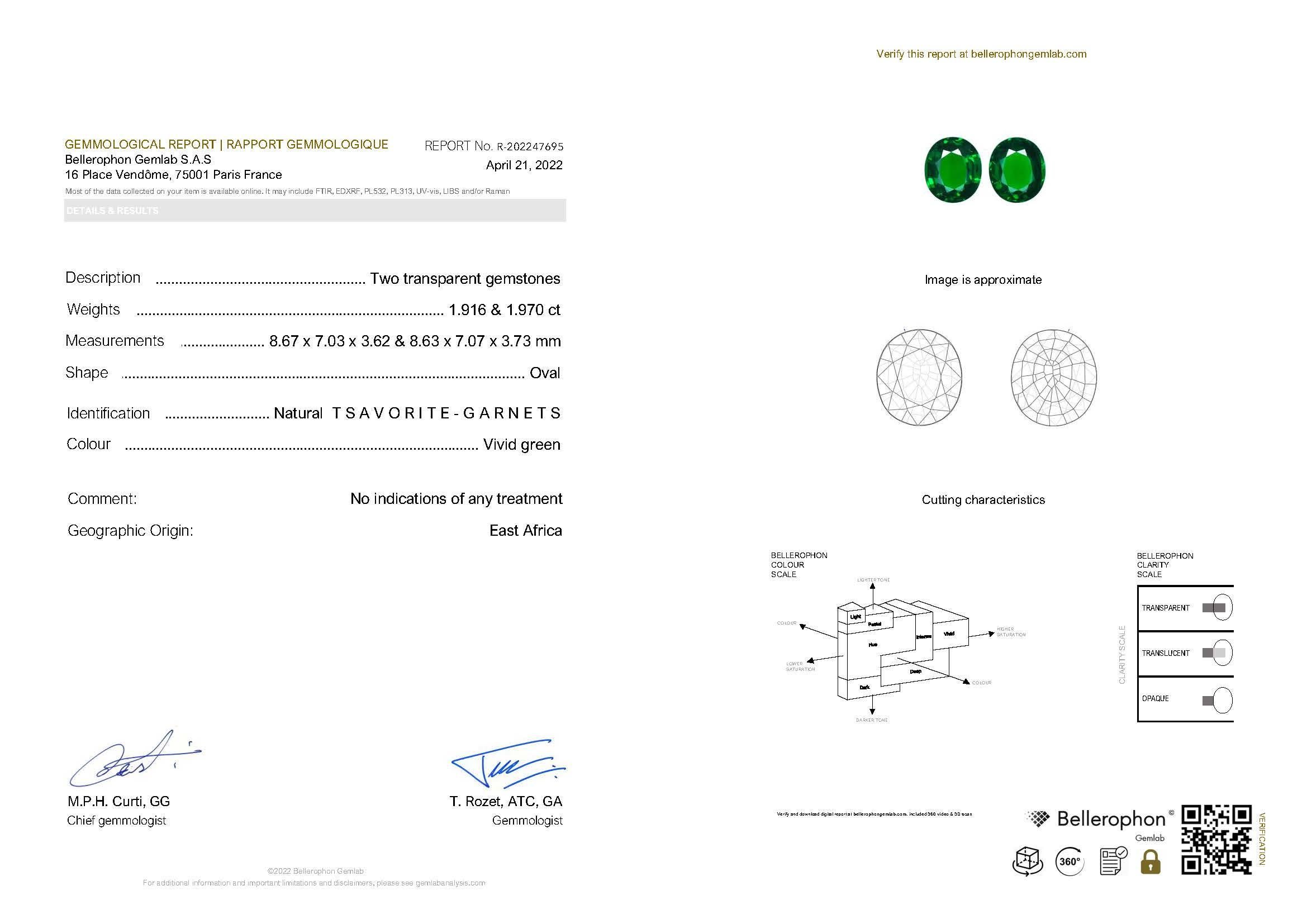 One of a kind tsavorite and diamond stud and clip on earring in 18k white gold. Earring contains 2 oval tsavorite garnets, 3.88tcw and round brilliant diamonds within mounting, 2.00tcw.
Tsavorites are certified by Bellerophon Gemlab. 
All stones are