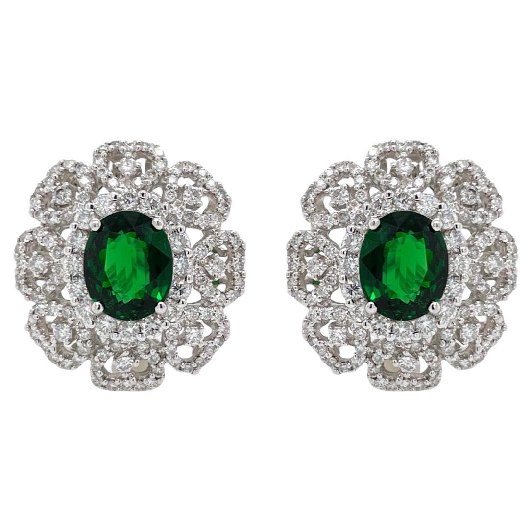 Certified Tsavorite & Diamond Oval Earring in 18k White Gold